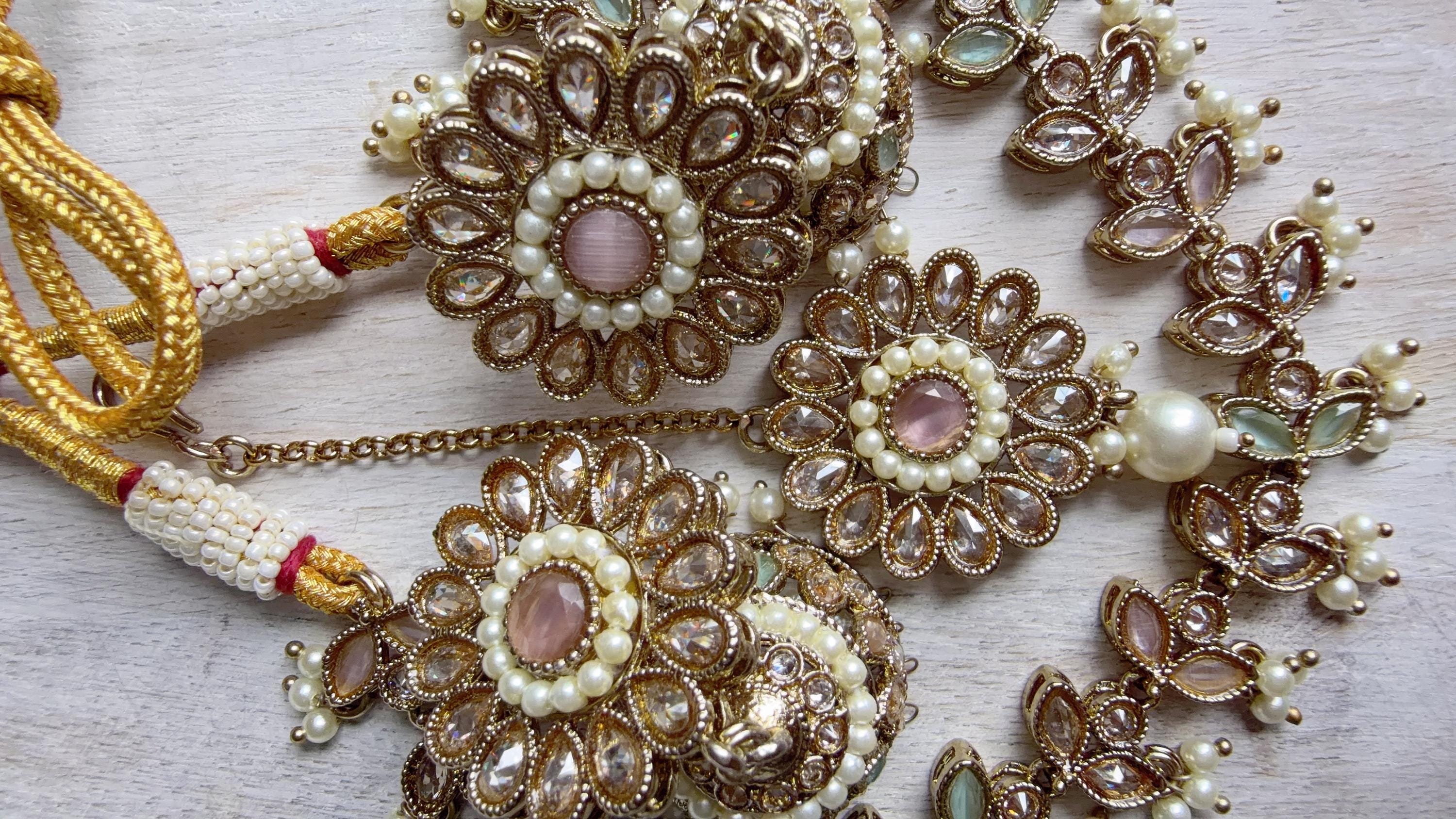Antique Polki Kundan Mint pink Necklace Set with Earrings and Tikka | Wedding Bridal Necklace | Indian Jewelry | Bridal Jewelry | Alia 