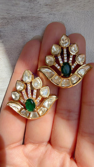 Moissanite Stone Green Earrings/Diamond Kundan Studs /Indian Jewelry /Statement Earring/Women gifts