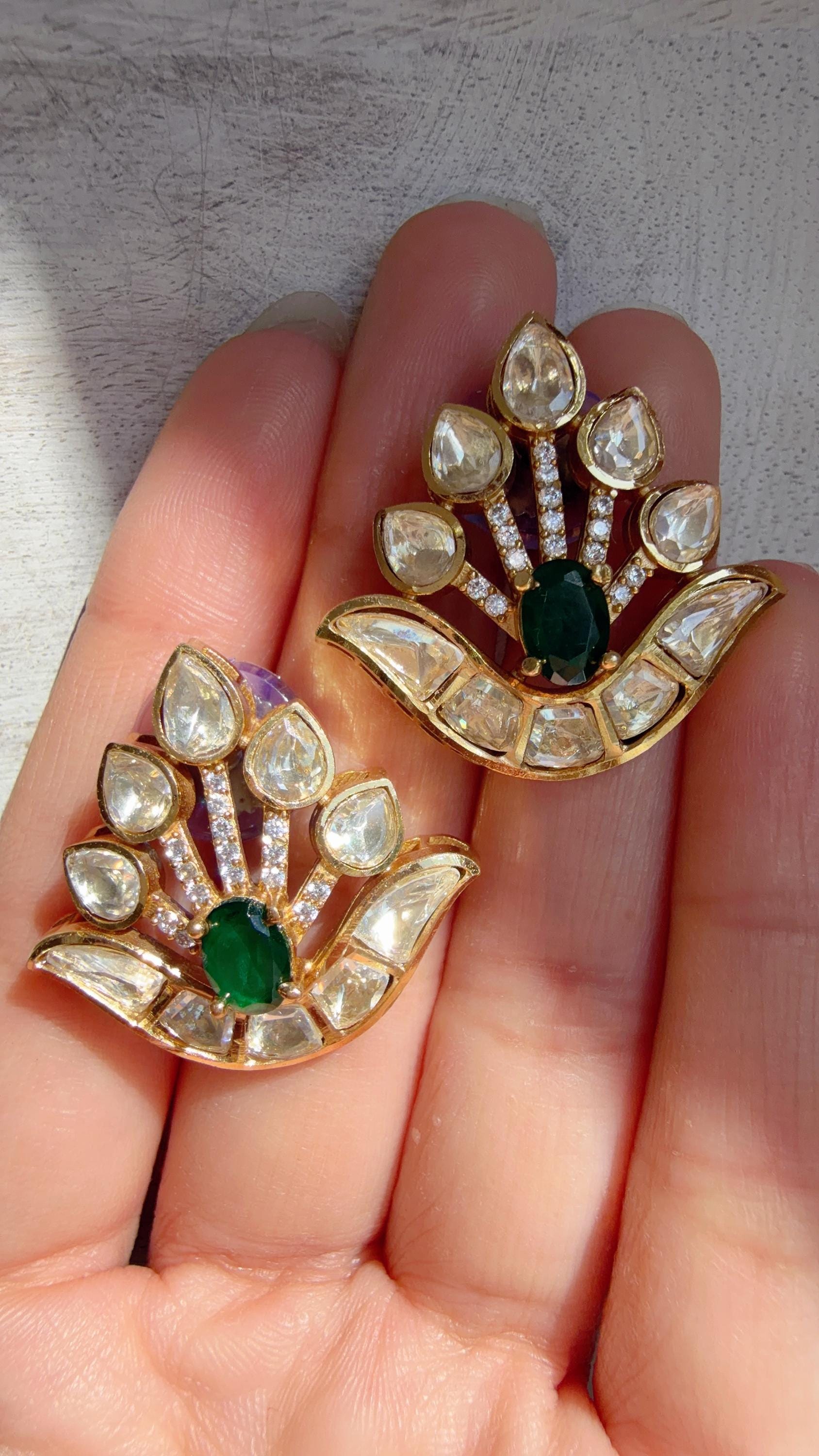 Moissanite Stone Green Earrings/Diamond Kundan Studs /Indian Jewelry /Statement Earring/Women gifts