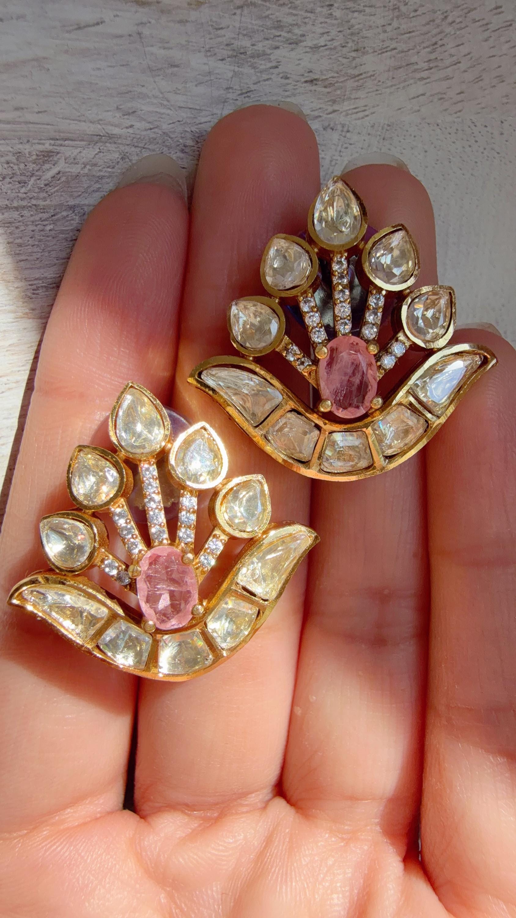 Moissanite Stone Baby pink Earrings/Diamond Kundan Studs /Indian Jewelry /Statement Earring/Women gifts
