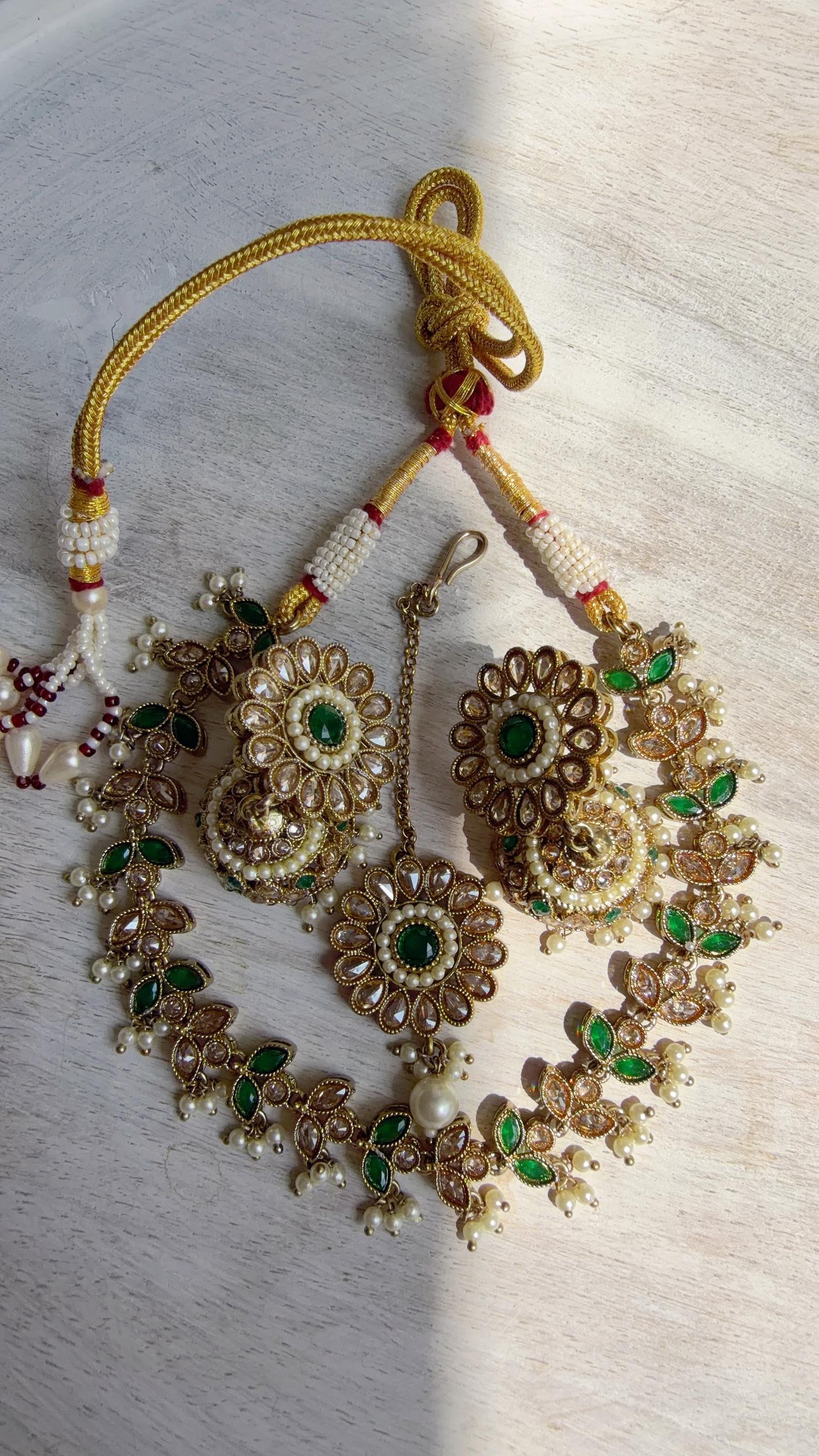 Antique Polki Kundan Green Necklace Set with Earrings and Tikka | Wedding Bridal Necklace | Indian Jewelry | Bridal Jewelry | Alia 