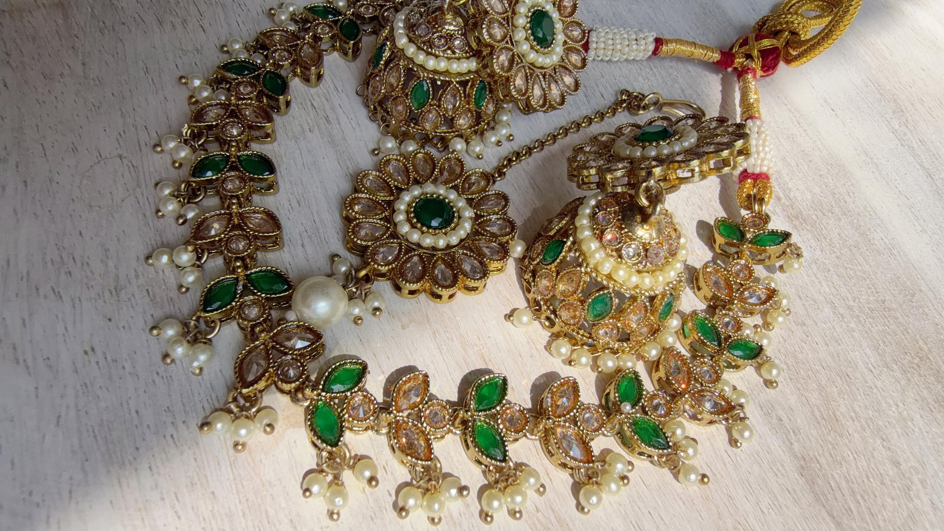 Antique Polki Kundan Green Necklace Set with Earrings and Tikka | Wedding Bridal Necklace | Indian Jewelry | Bridal Jewelry | Alia 