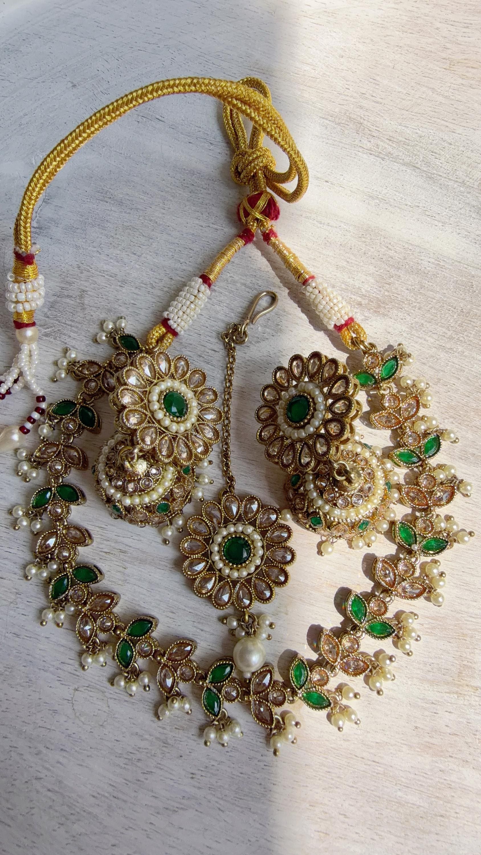 Antique Polki Kundan Green Necklace Set with Earrings and Tikka | Wedding Bridal Necklace | Indian Jewelry | Bridal Jewelry | Alia 
