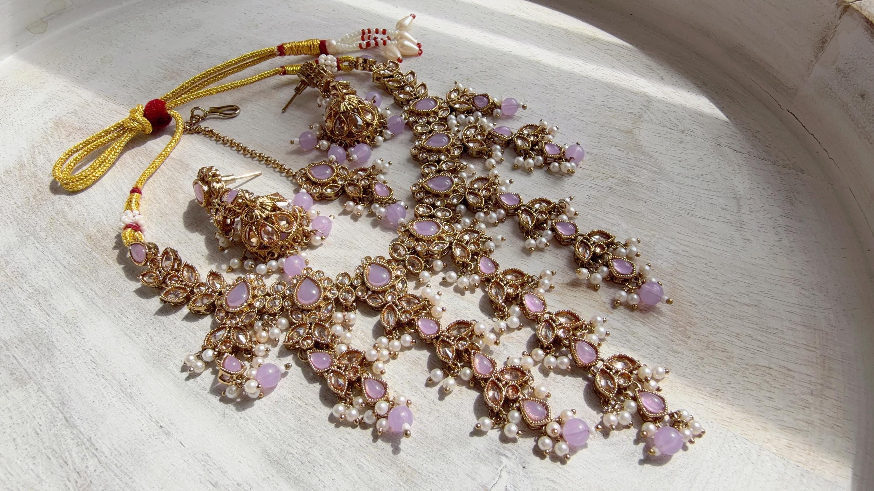 Polki Kundan Choker Necklace Set – Purple Indian Bridal Jewelry, Antique Mehndi Plated Wedding Choker - Nimrit