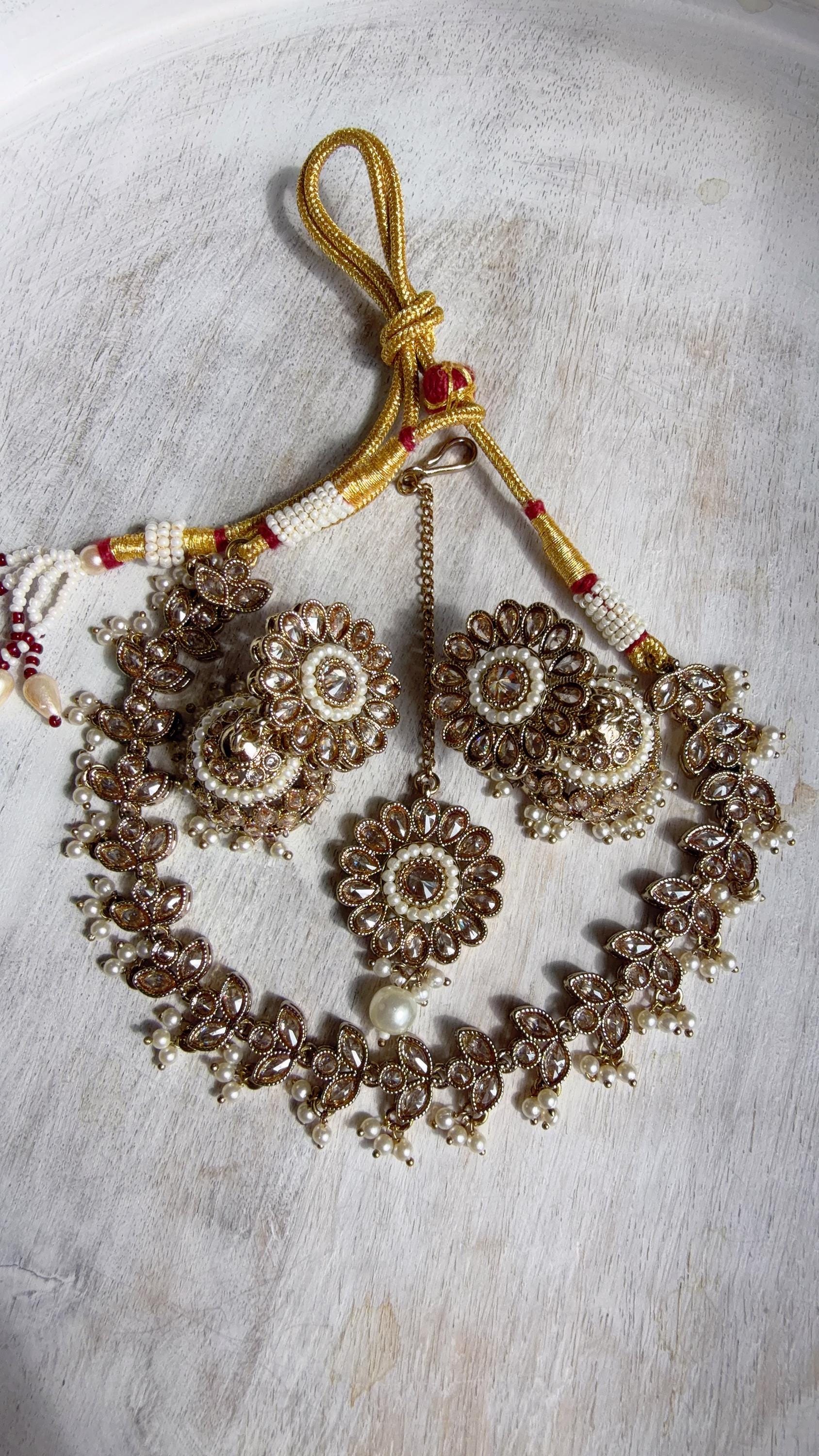 Gold Polki Kundan Necklace Set with Earrings and Tikka | Wedding Bridal Necklace | Indian Jewelry | Bridal Jewelry | Alia 