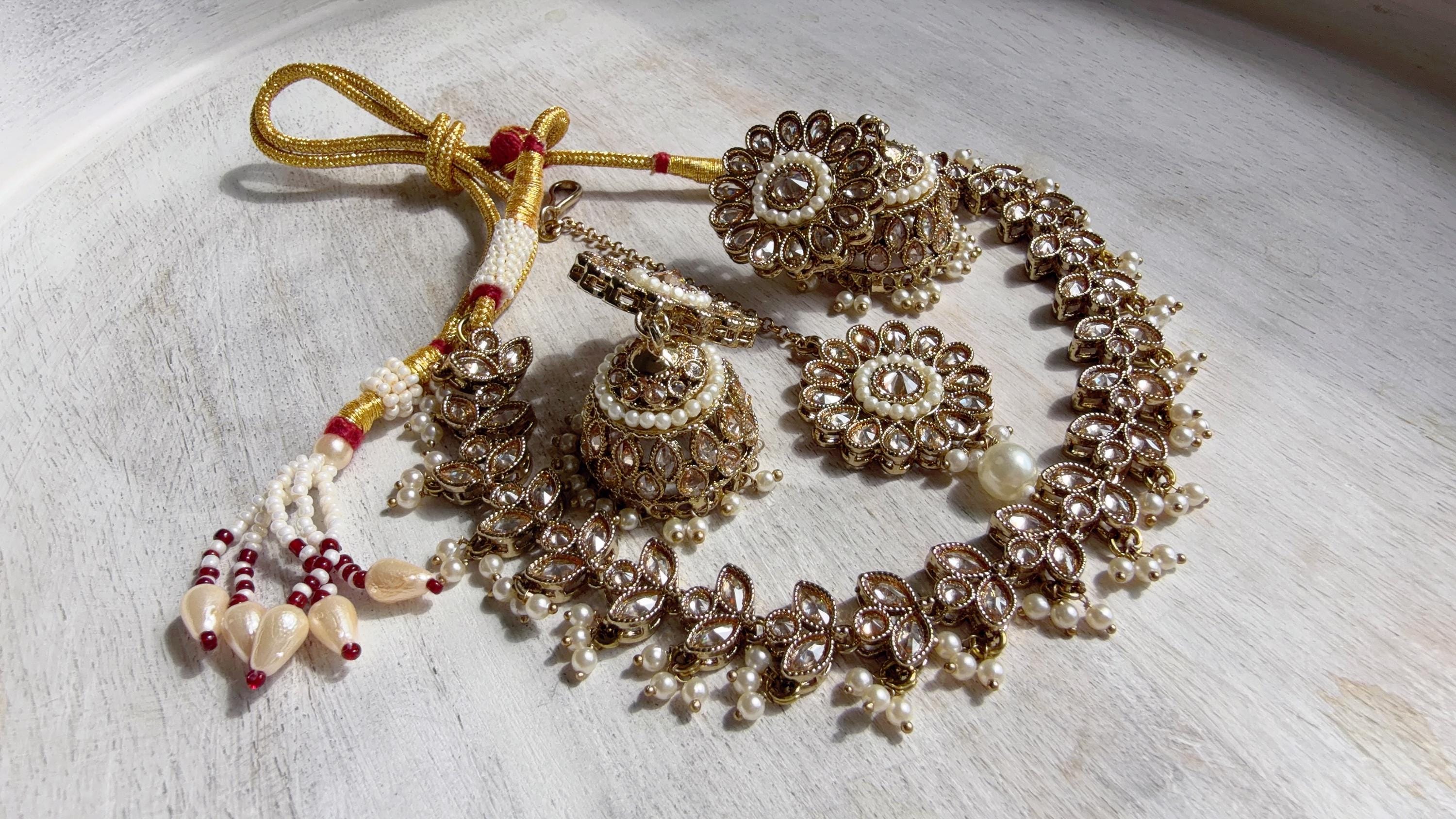 Gold Polki Kundan Necklace Set with Earrings and Tikka | Wedding Bridal Necklace | Indian Jewelry | Bridal Jewelry | Alia 