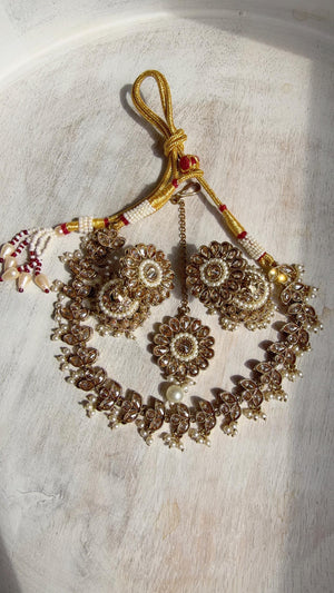 Gold Polki Kundan Necklace Set with Earrings and Tikka | Wedding Bridal Necklace | Indian Jewelry | Bridal Jewelry | Alia 