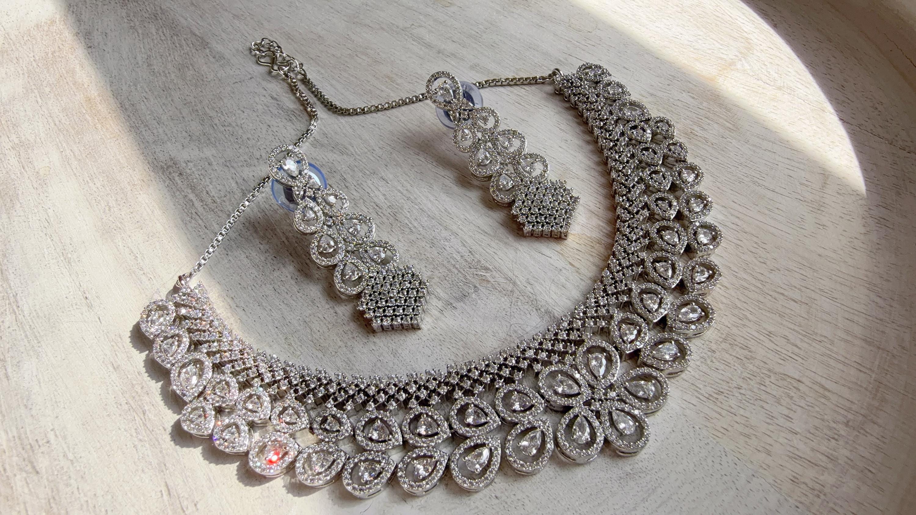 Silver Diamond Necklace | Bridal Necklace Set | Indian Diamond Necklace | CZ Choker