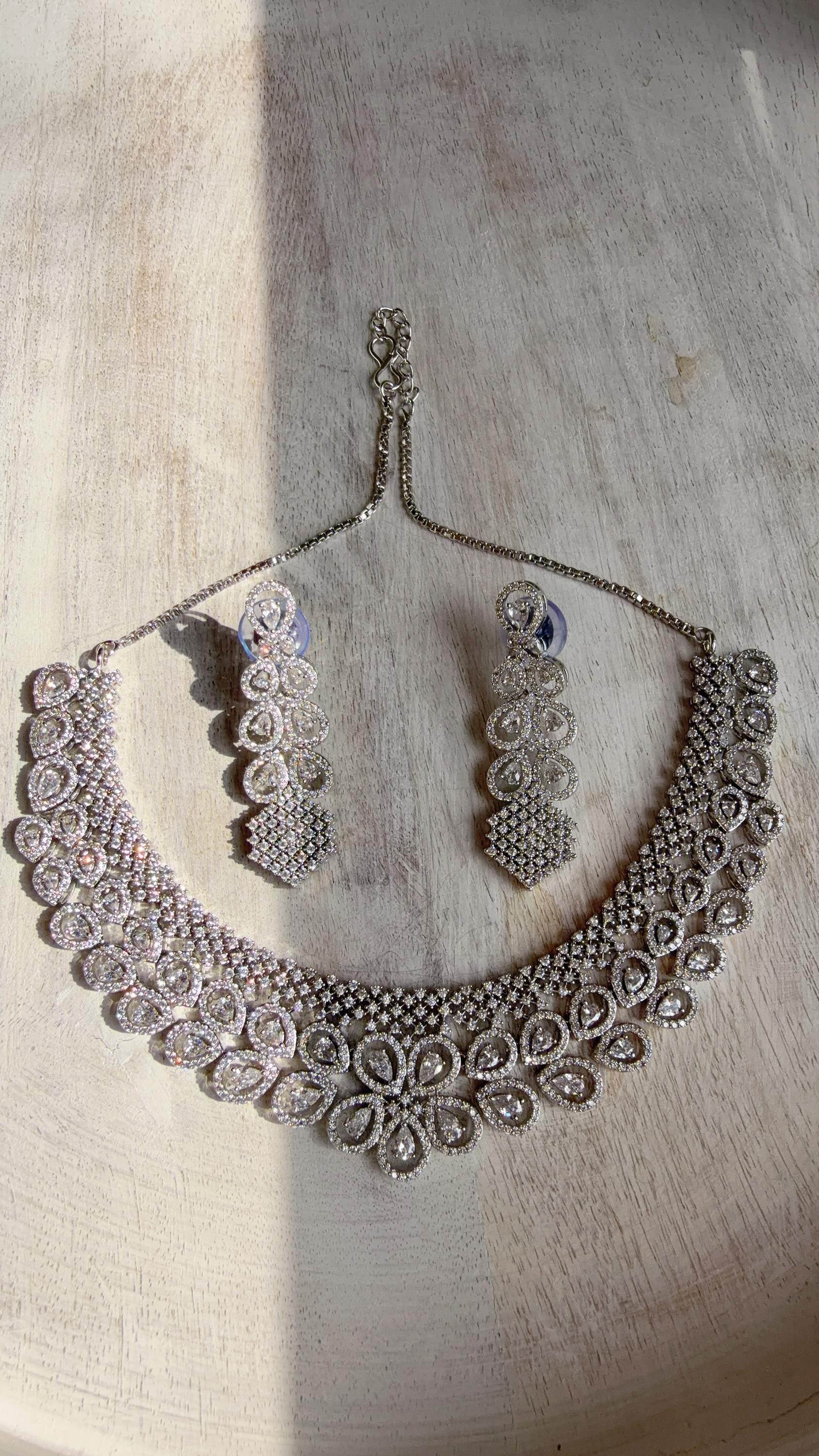 Silver Diamond Necklace | Bridal Necklace Set | Indian Diamond Necklace | CZ Choker