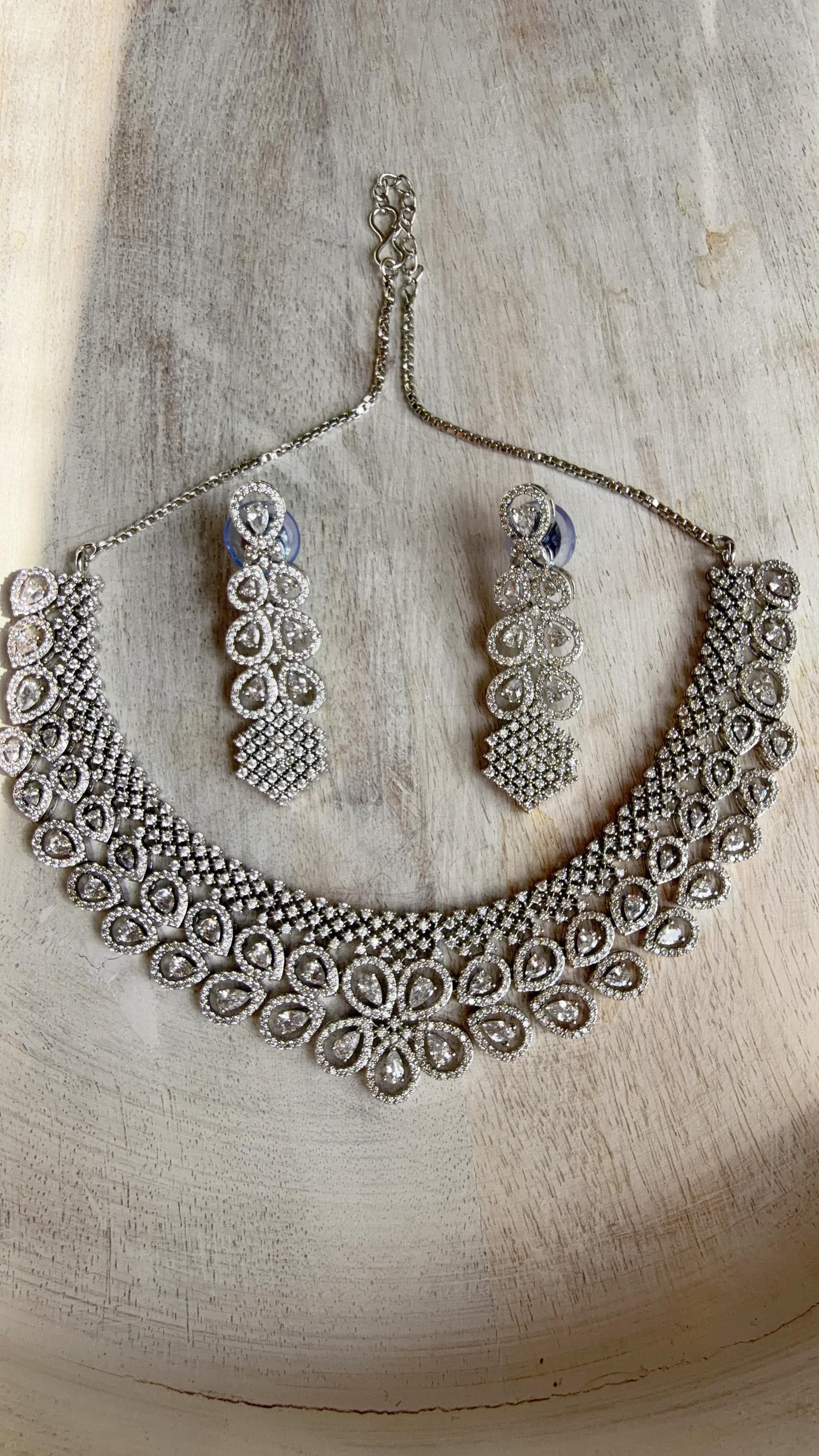 Silver Diamond Necklace | Bridal Necklace Set | Indian Diamond Necklace | CZ Choker