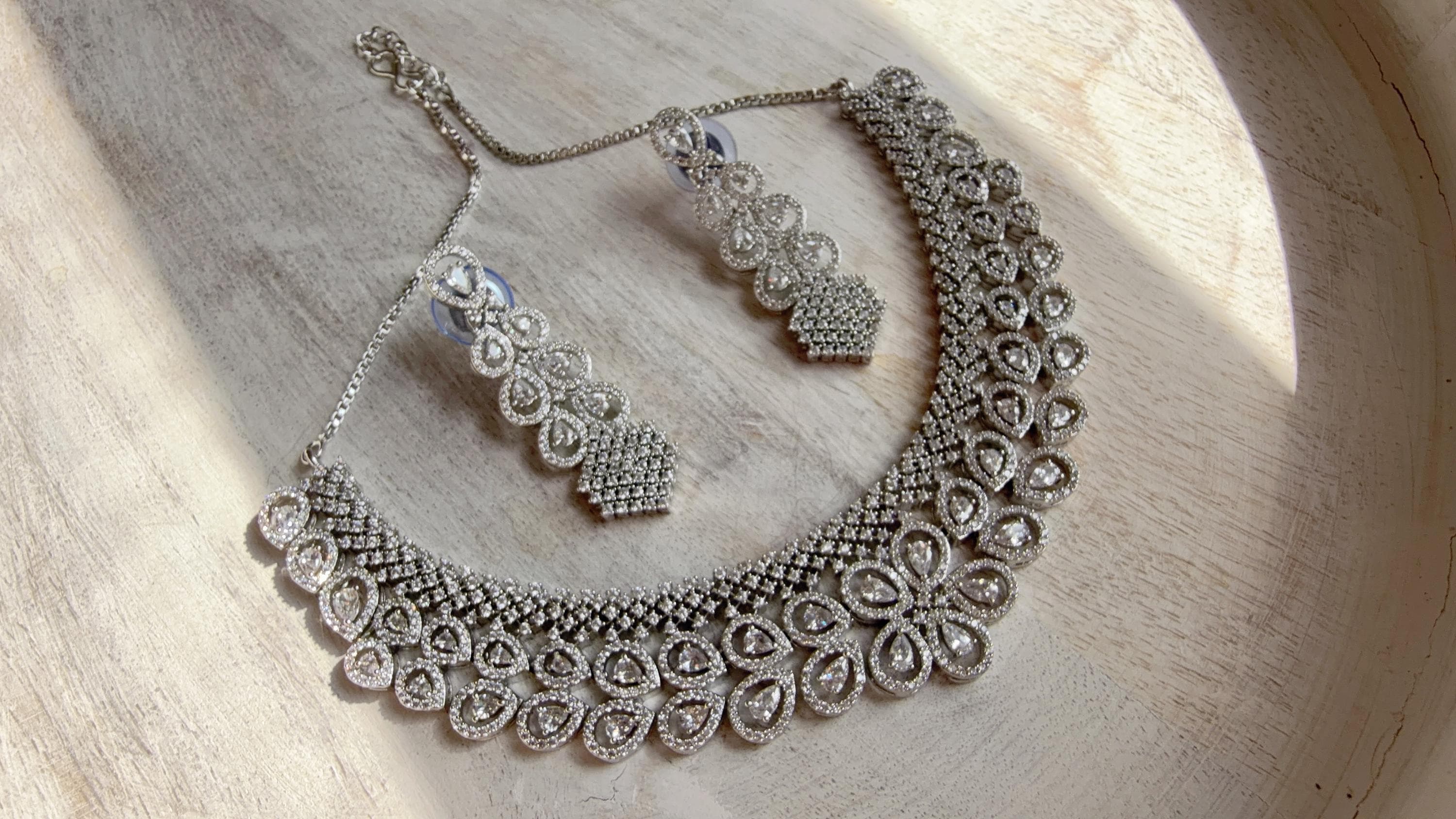 Silver Diamond Necklace | Bridal Necklace Set | Indian Diamond Necklace | CZ Choker