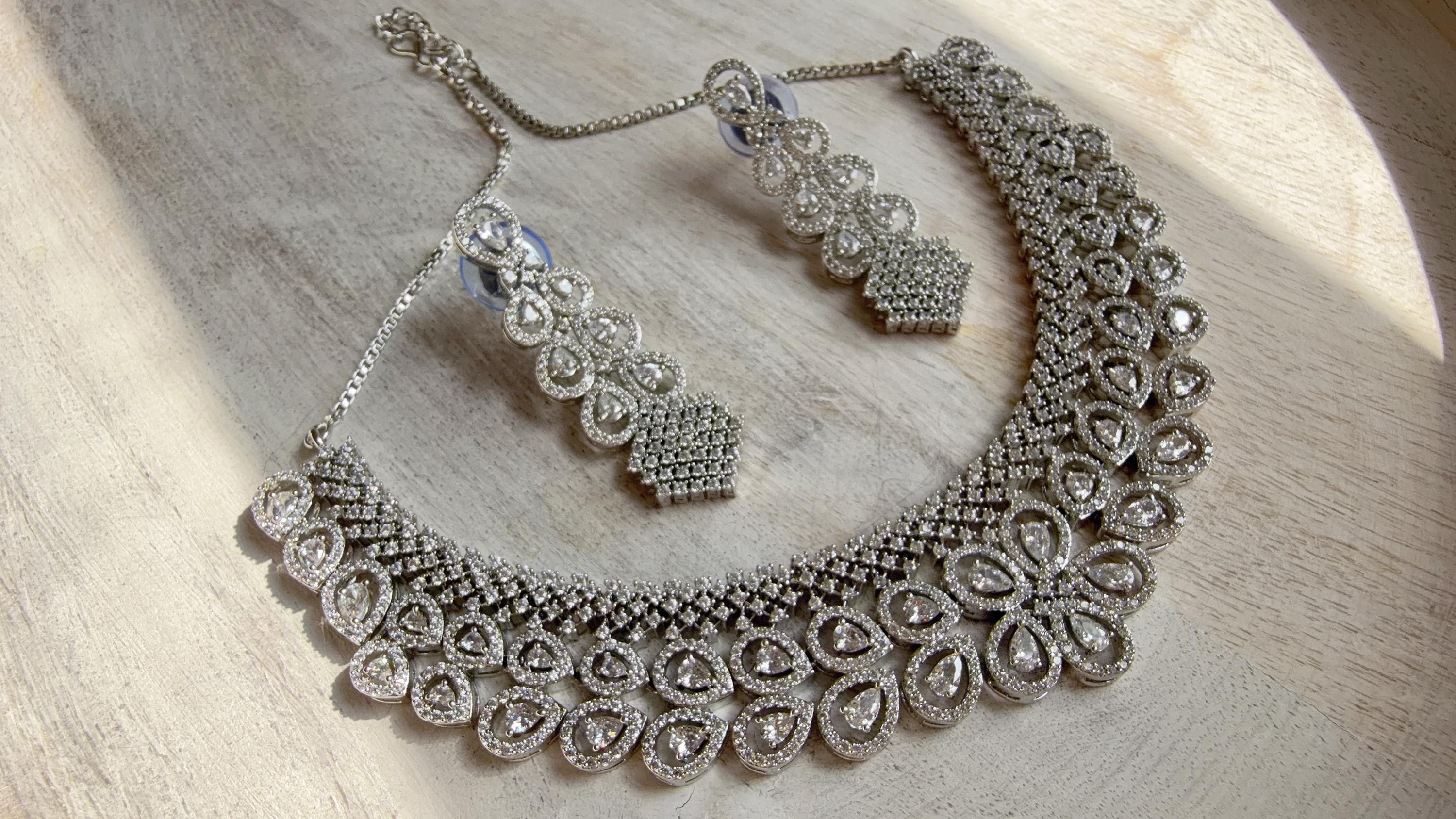 Silver Diamond Necklace | Bridal Necklace Set | Indian Diamond Necklace | CZ Choker