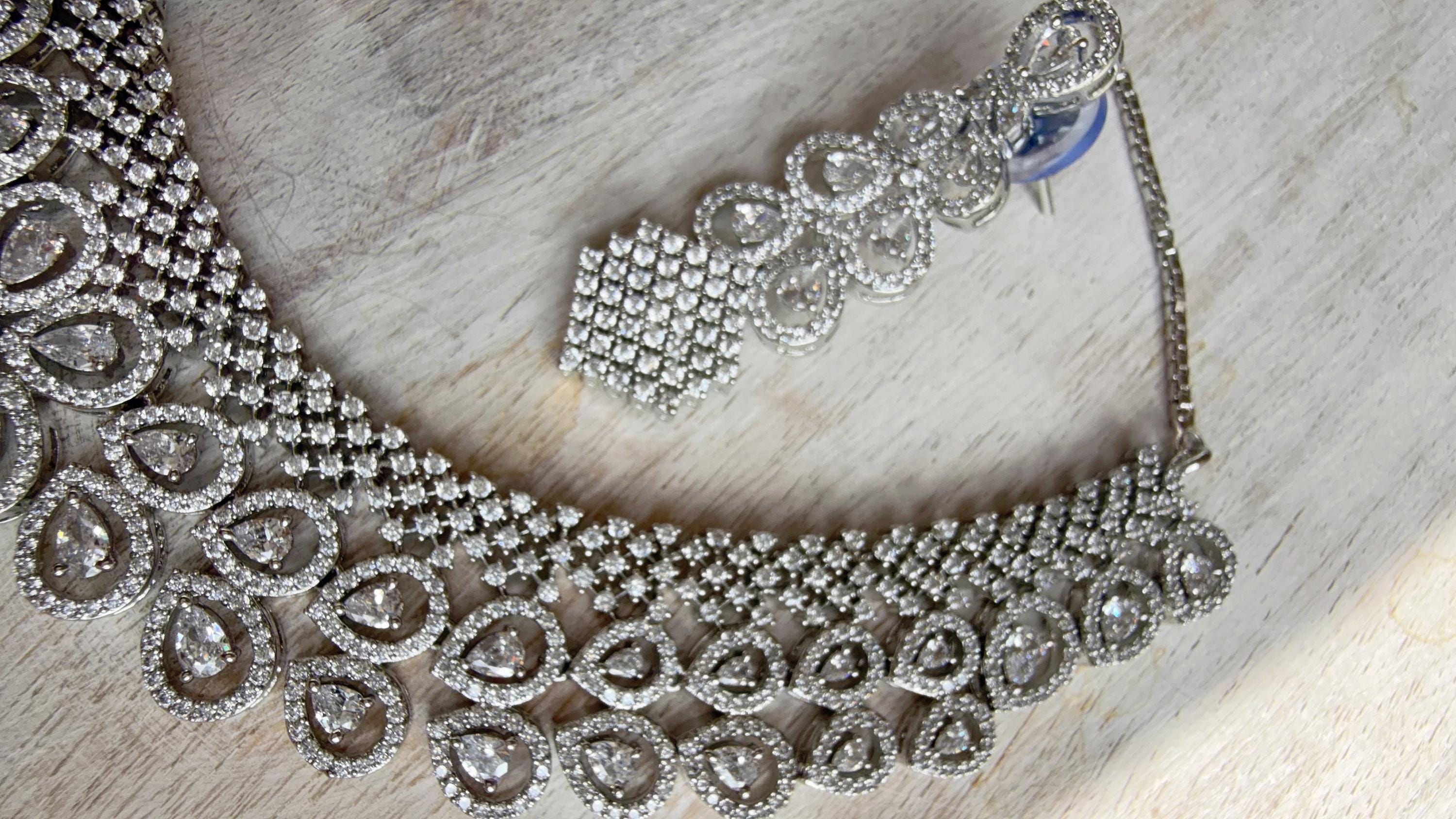 Silver Diamond Necklace | Bridal Necklace Set | Indian Diamond Necklace | CZ Choker