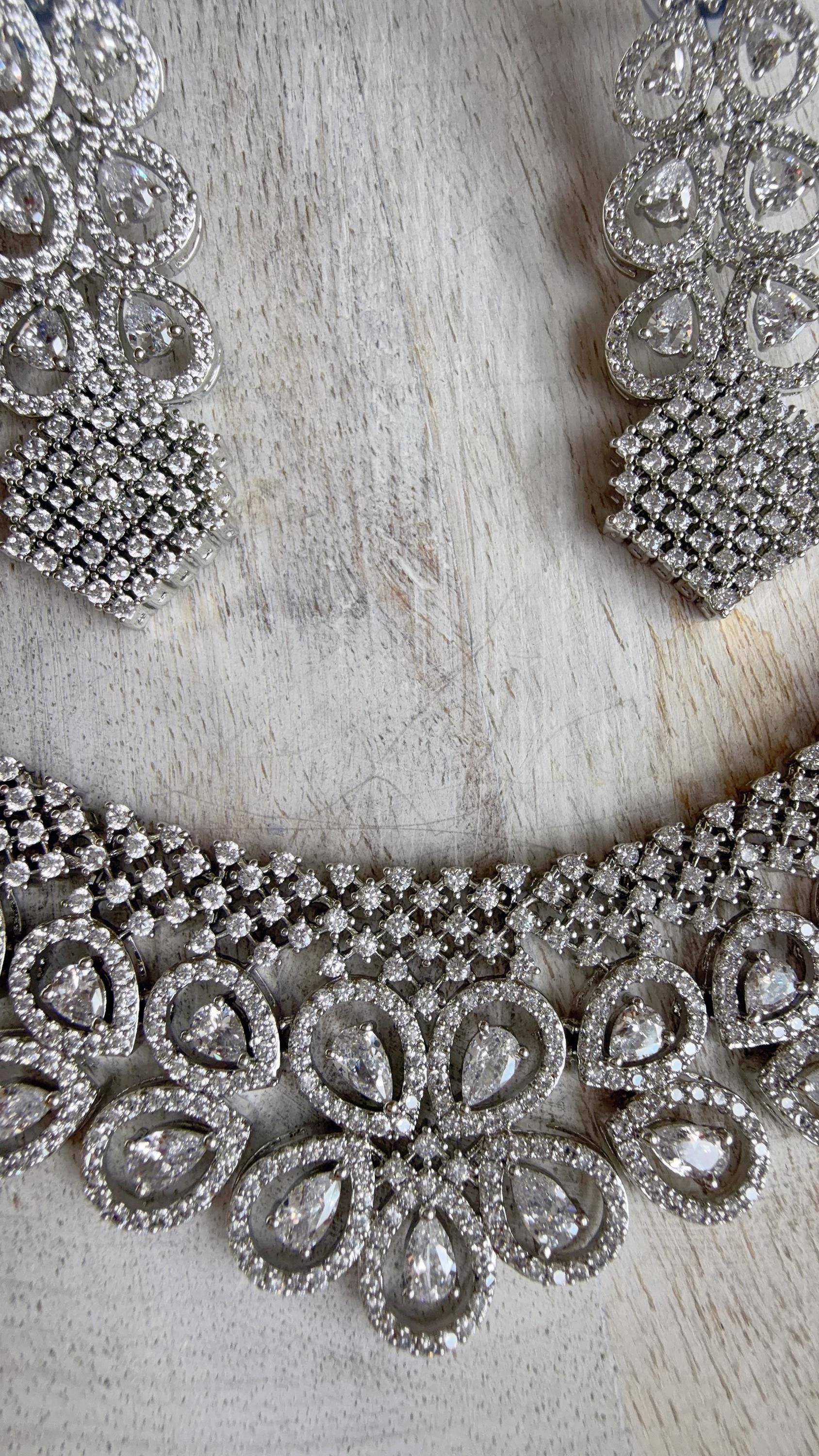 Silver Diamond Necklace | Bridal Necklace Set | Indian Diamond Necklace | CZ Choker