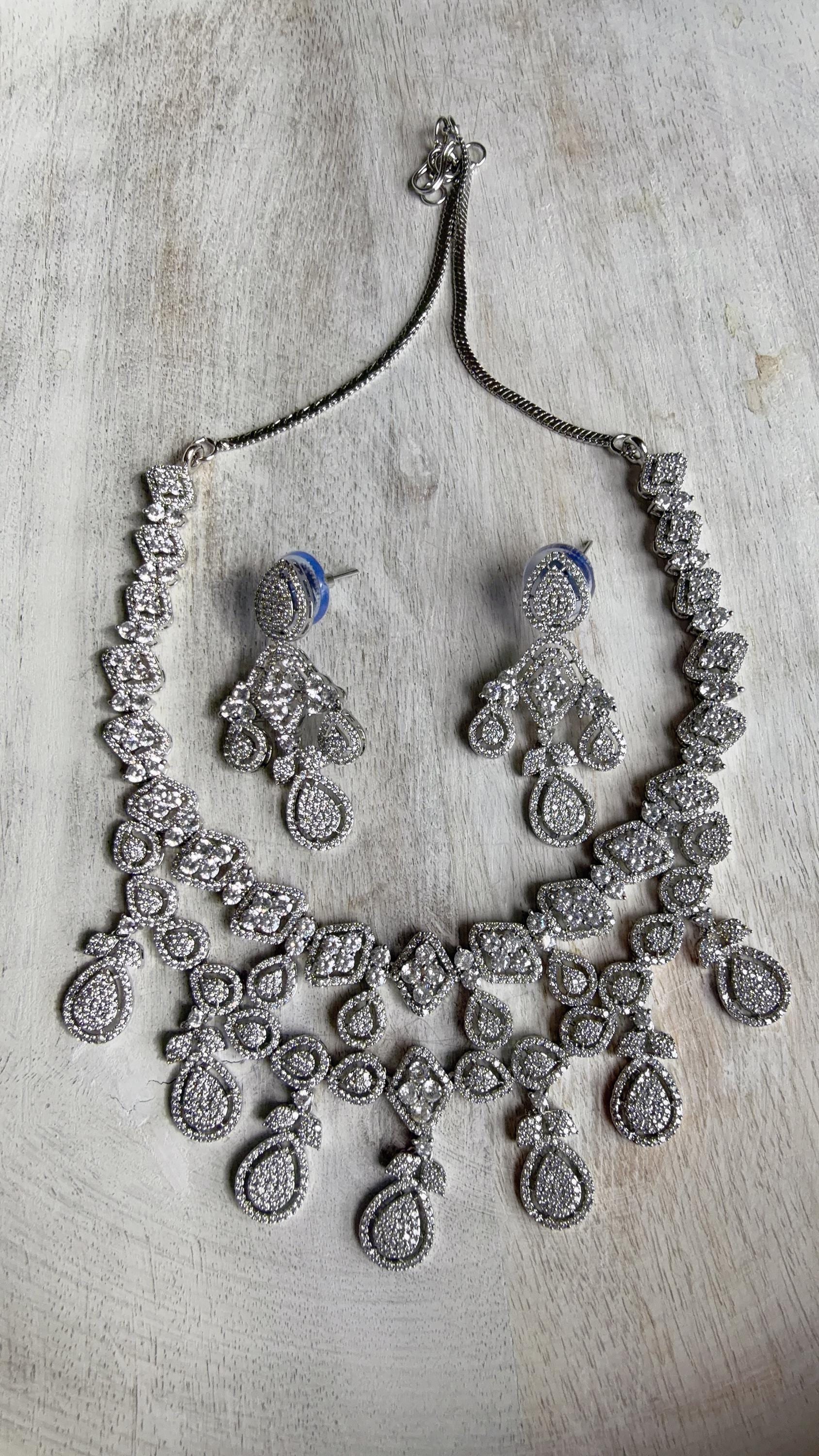 Silver Diamond Necklace | Bridal Necklace Set | Indian Diamond Necklace | CZ Choker