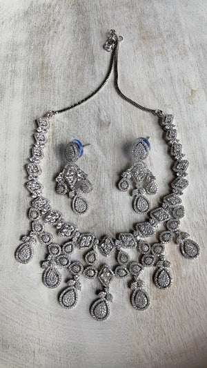 Silver Diamond Necklace | Bridal Necklace Set | Indian Diamond Necklace | CZ Choker