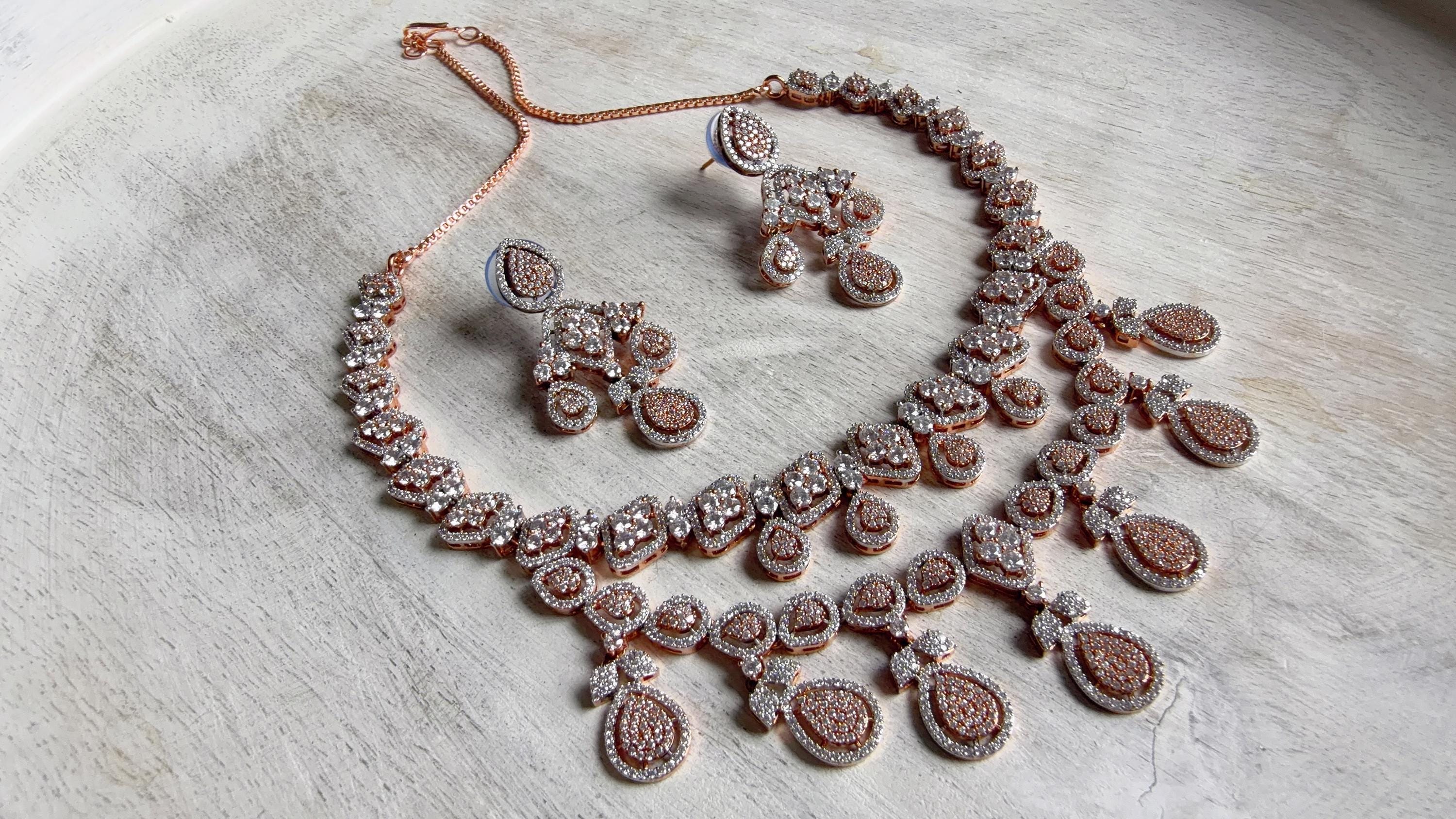 Rose Gold Diamond Necklace | Bridal Necklace Set | Indian Diamond Necklace | CZ Choker