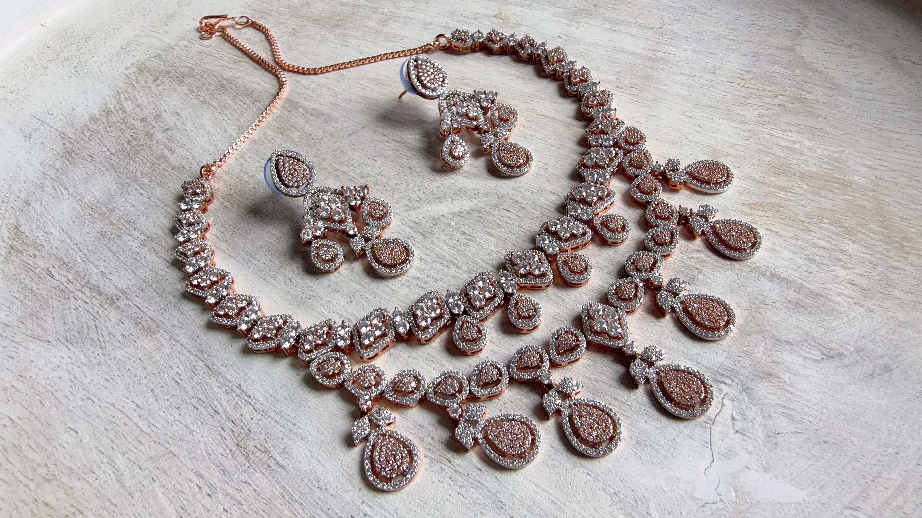 Rose Gold Diamond Necklace | Bridal Necklace Set | Indian Diamond Necklace | CZ Choker