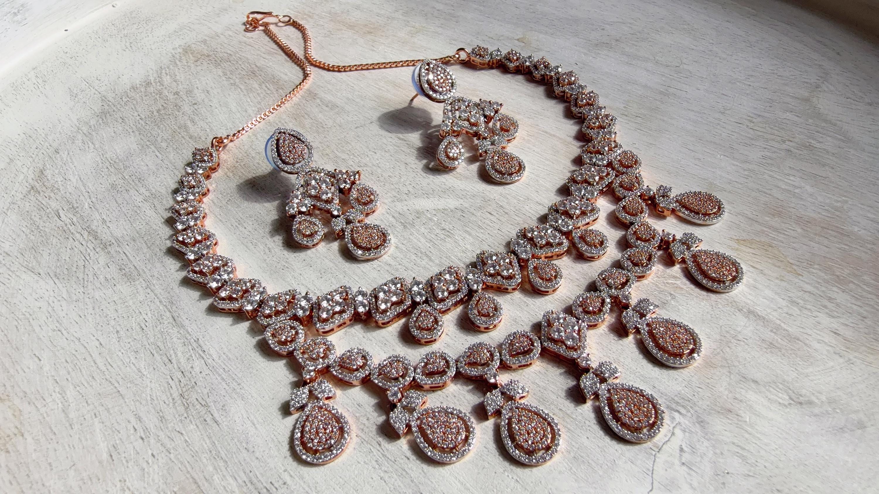 Rose Gold Diamond Necklace | Bridal Necklace Set | Indian Diamond Necklace | CZ Choker