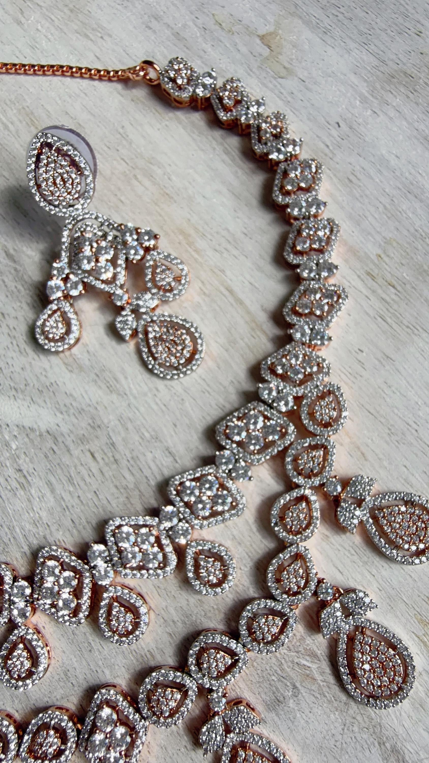 Rose Gold Diamond Necklace | Bridal Necklace Set | Indian Diamond Necklace | CZ Choker