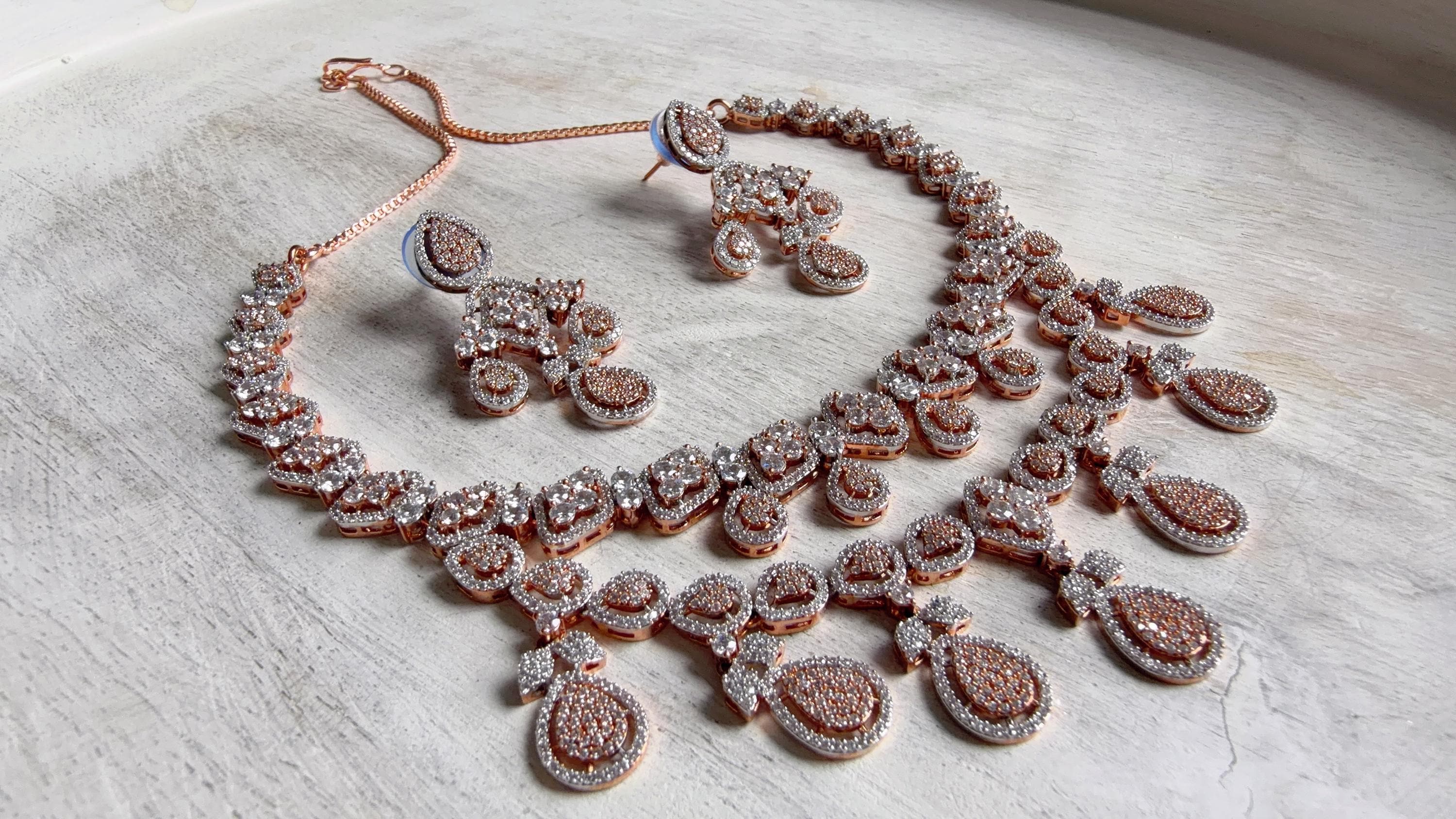 Rose Gold Diamond Necklace | Bridal Necklace Set | Indian Diamond Necklace | CZ Choker