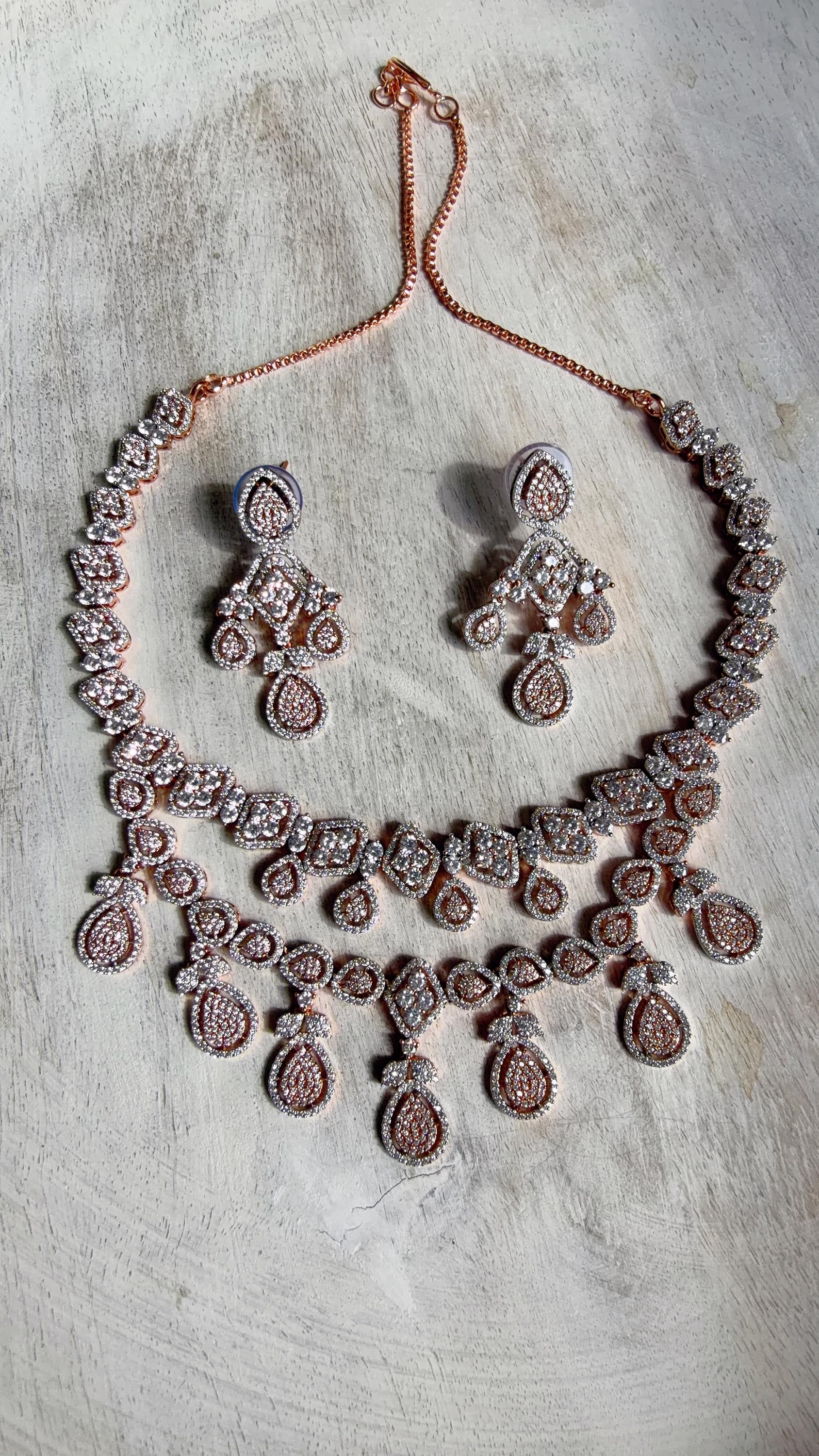 Rose Gold Diamond Necklace | Bridal Necklace Set | Indian Diamond Necklace | CZ Choker