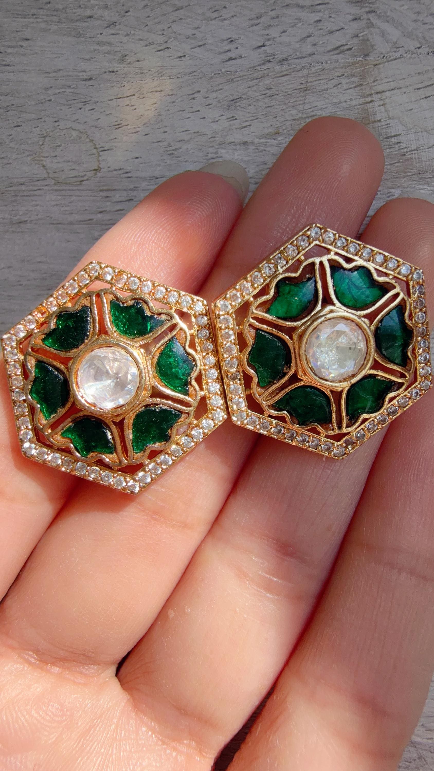 Moissanite Polki Meenakari green Kundan Studs /Indian Jewelry /Statement Kundan Earring/Diamond Studs - Seerat