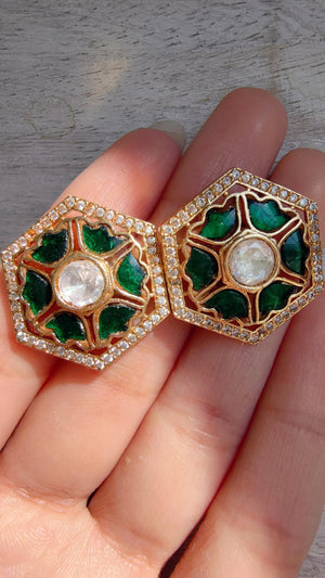 Moissanite Polki Meenakari green Kundan Studs /Indian Jewelry /Statement Kundan Earring/Diamond Studs - Seerat
