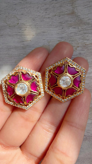 Moissanite Polki Meenakari Kundan Ruby Studs /Indian Jewelry /Statement Kundan Earring/Diamond Studs - Seerat