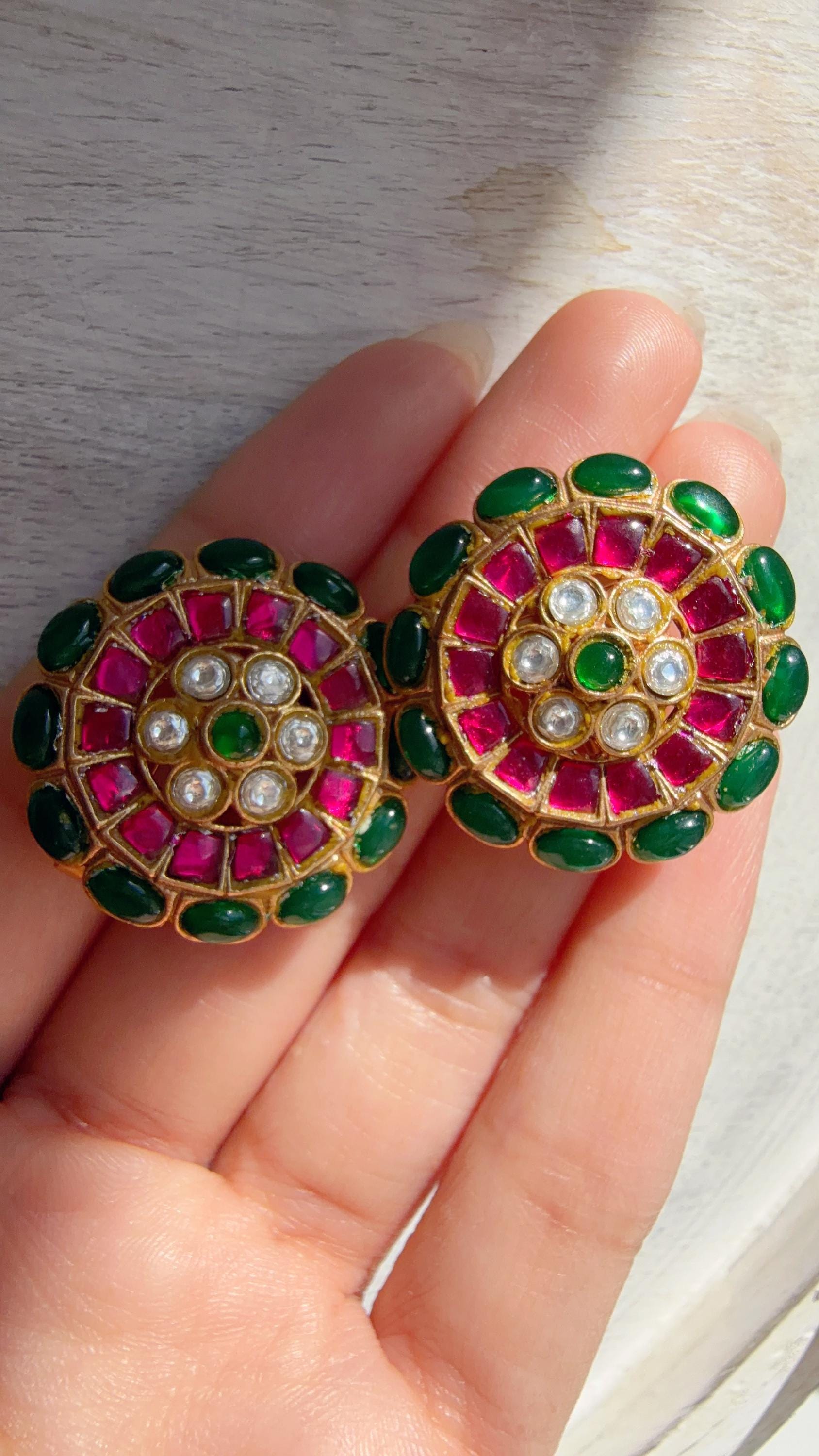 Moissanite Kundan Ruby green Studs /Indian Jewelry /Statement Kundan Earring/Diamond Studs - Amrapali inspired