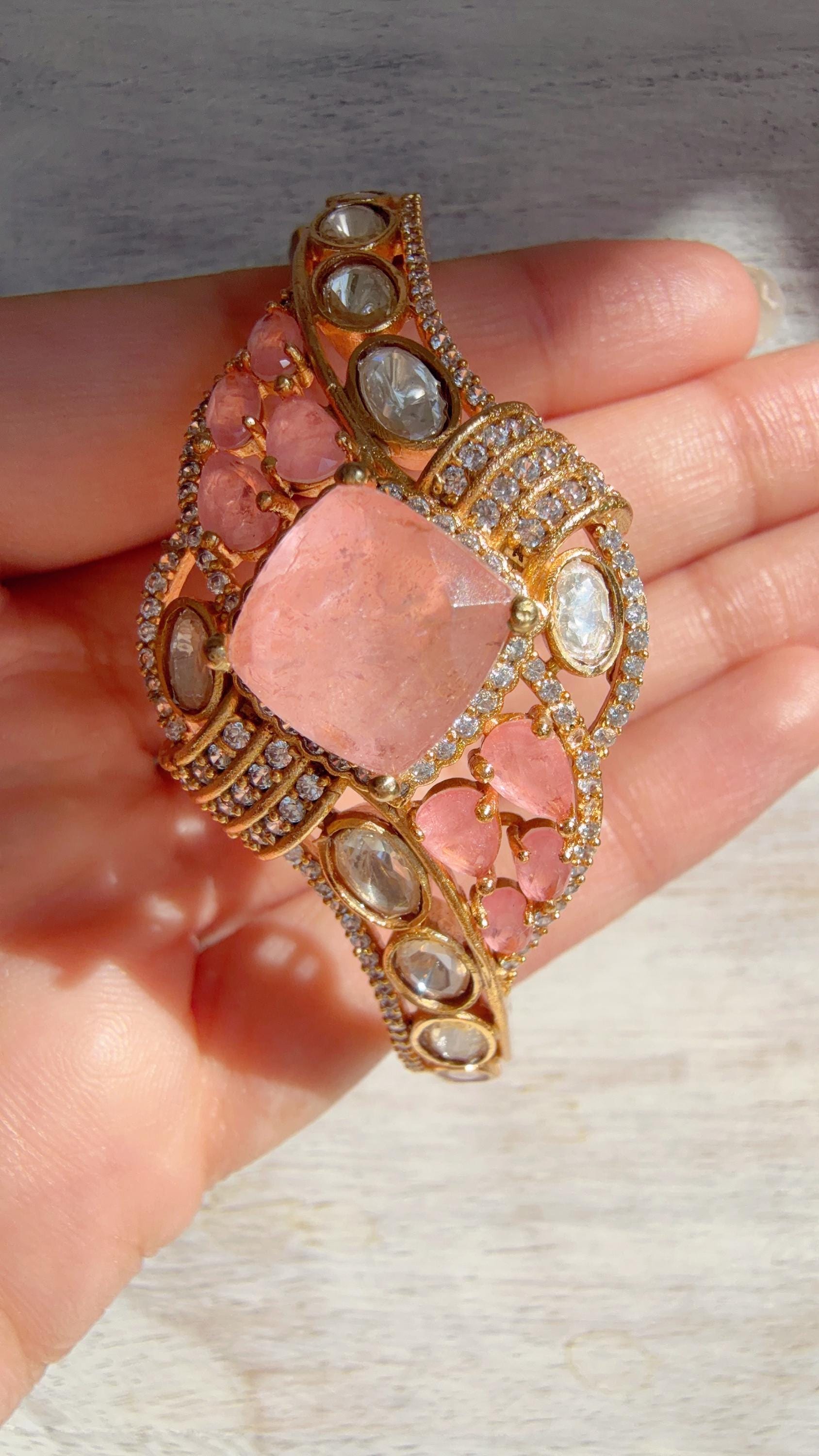 Doublet Stone Kundan openable Bracelet Kada/Moissanite Bridal Polki Bangle/Indian Jewelry - Tina