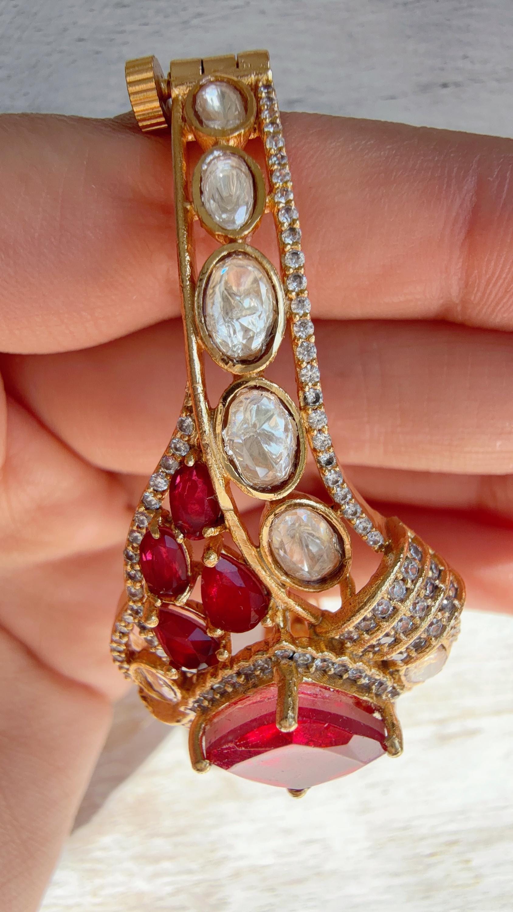 Doublet Stone Kundan openable Bracelet Kada/Moissanite Bridal Polki Bangle/Indian Jewelry - Tina
