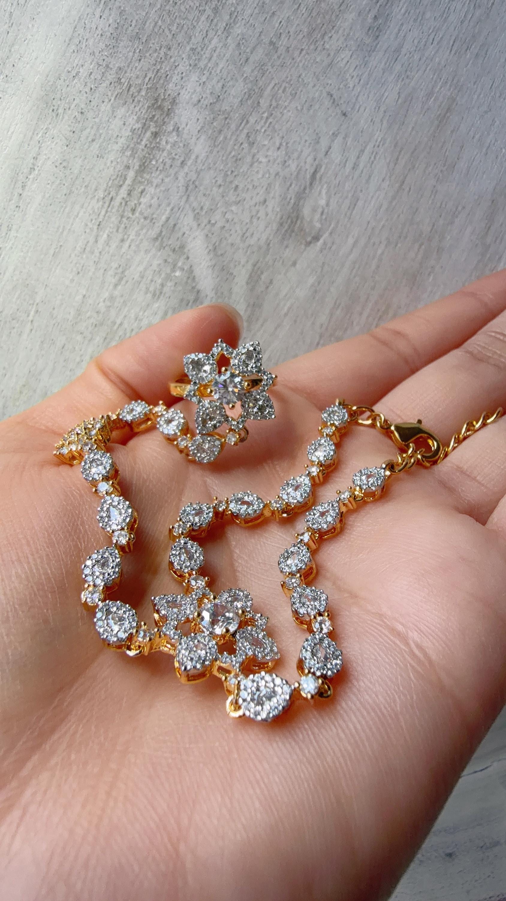 2 Tone Gold Diamond Floral Haath Phool /Indian Hand Jewelry/Haath phool - Sahiba