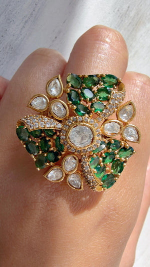 Green Cocktail ring/Bridal Kundan Moissanite diamond Ring/Adjustable Ring/Pave setting Ring /Indian Wedding jewelry/
