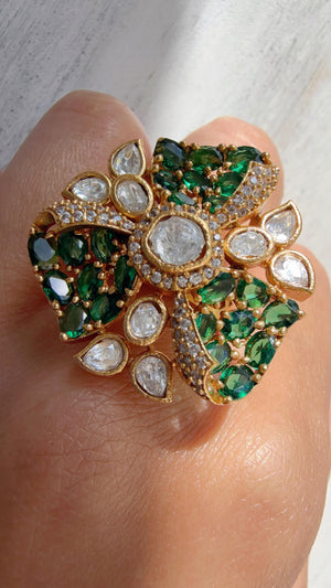 Green Cocktail ring/Bridal Kundan Moissanite diamond Ring/Adjustable Ring/Pave setting Ring /Indian Wedding jewelry/