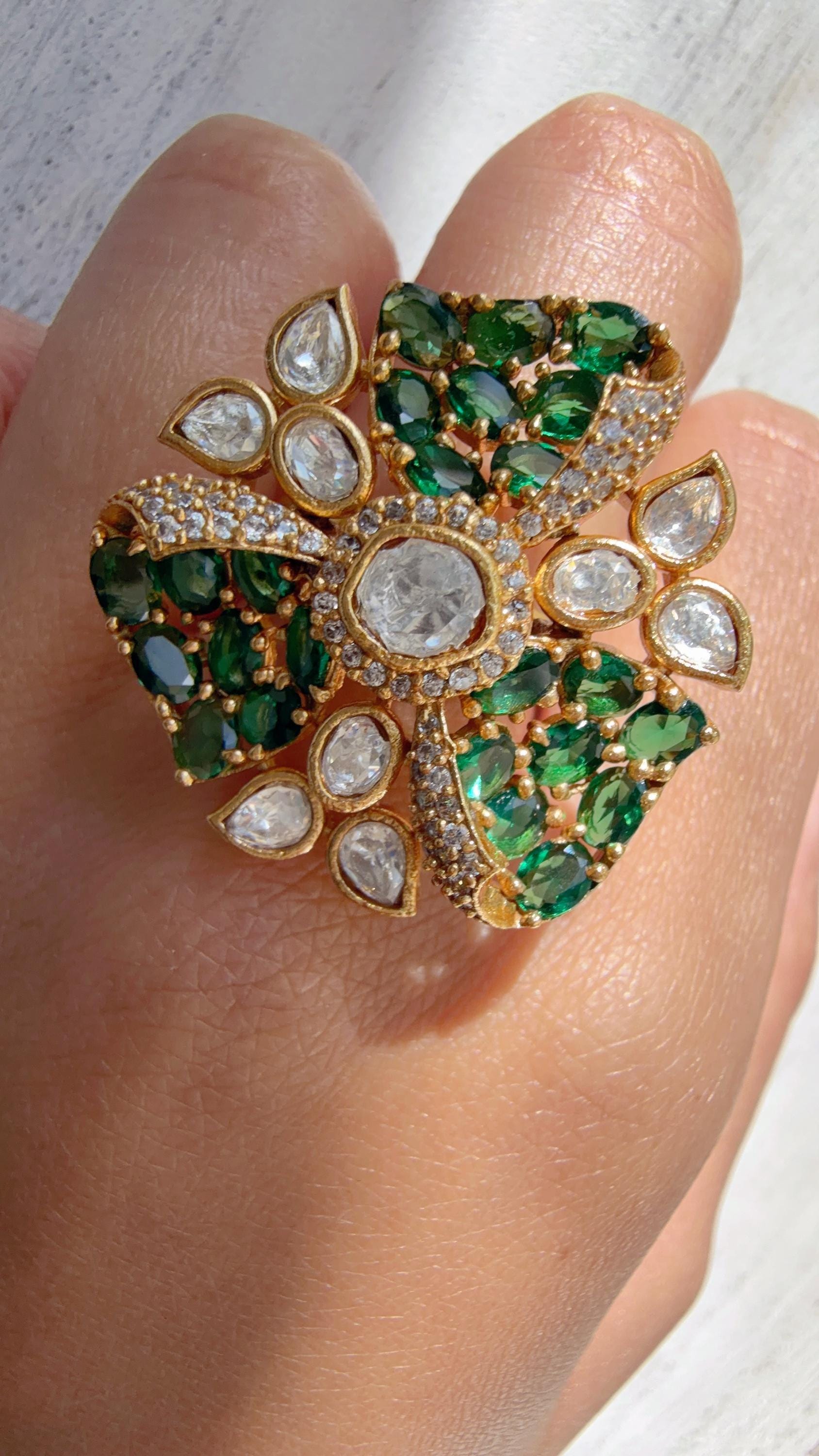 Green Cocktail ring/Bridal Kundan Moissanite diamond Ring/Adjustable Ring/Pave setting Ring /Indian Wedding jewelry/