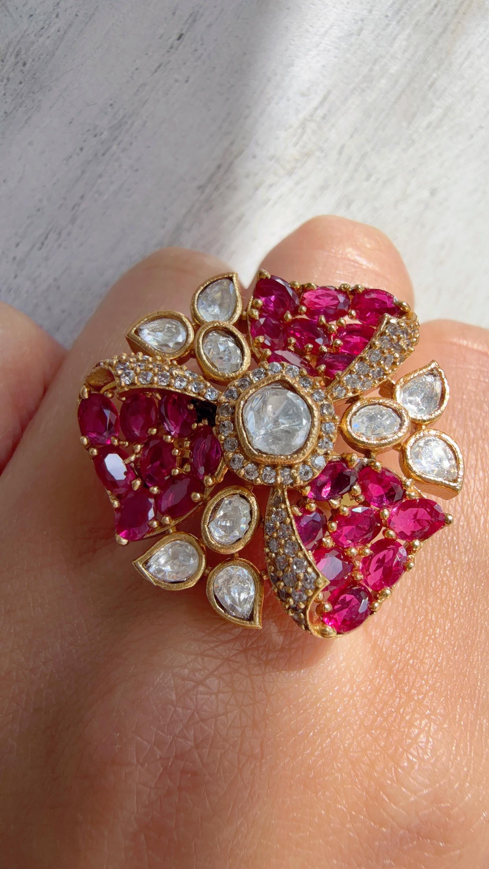 Ruby Cocktail ring/Bridal Kundan Moissanite diamond Ring/Adjustable Ring/Pave setting Ring /Indian Wedding jewelry/