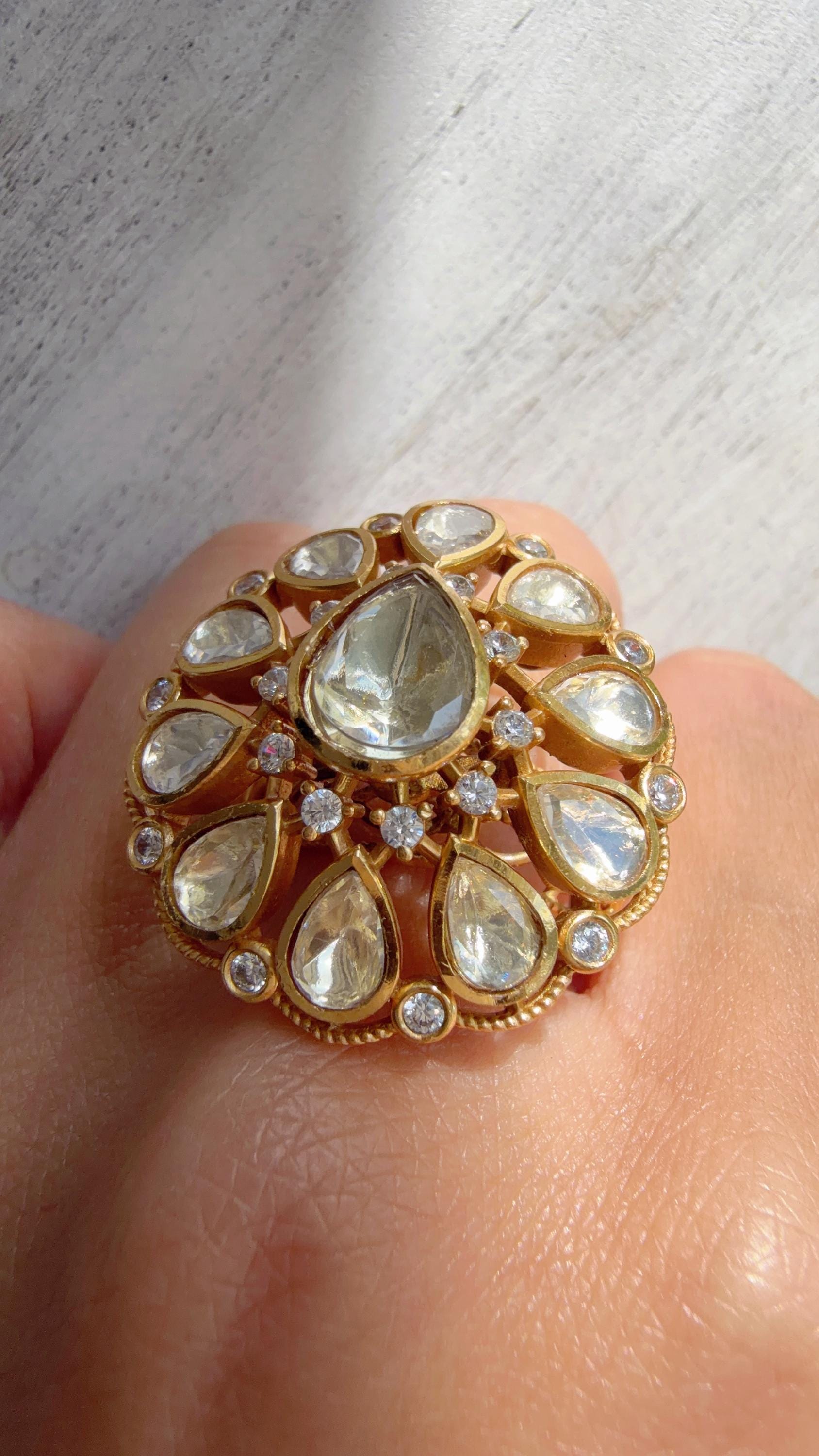 Gold kundan Statement ring/Bridal Kundan Moissanite diamond Ring/Adjustable Ring/Indian Wedding jewelry/