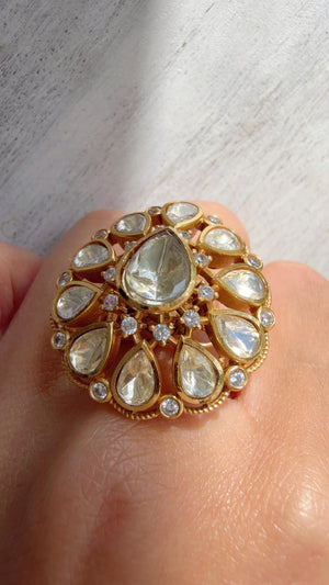Gold kundan Statement ring/Bridal Kundan Moissanite diamond Ring/Adjustable Ring/Indian Wedding jewelry/