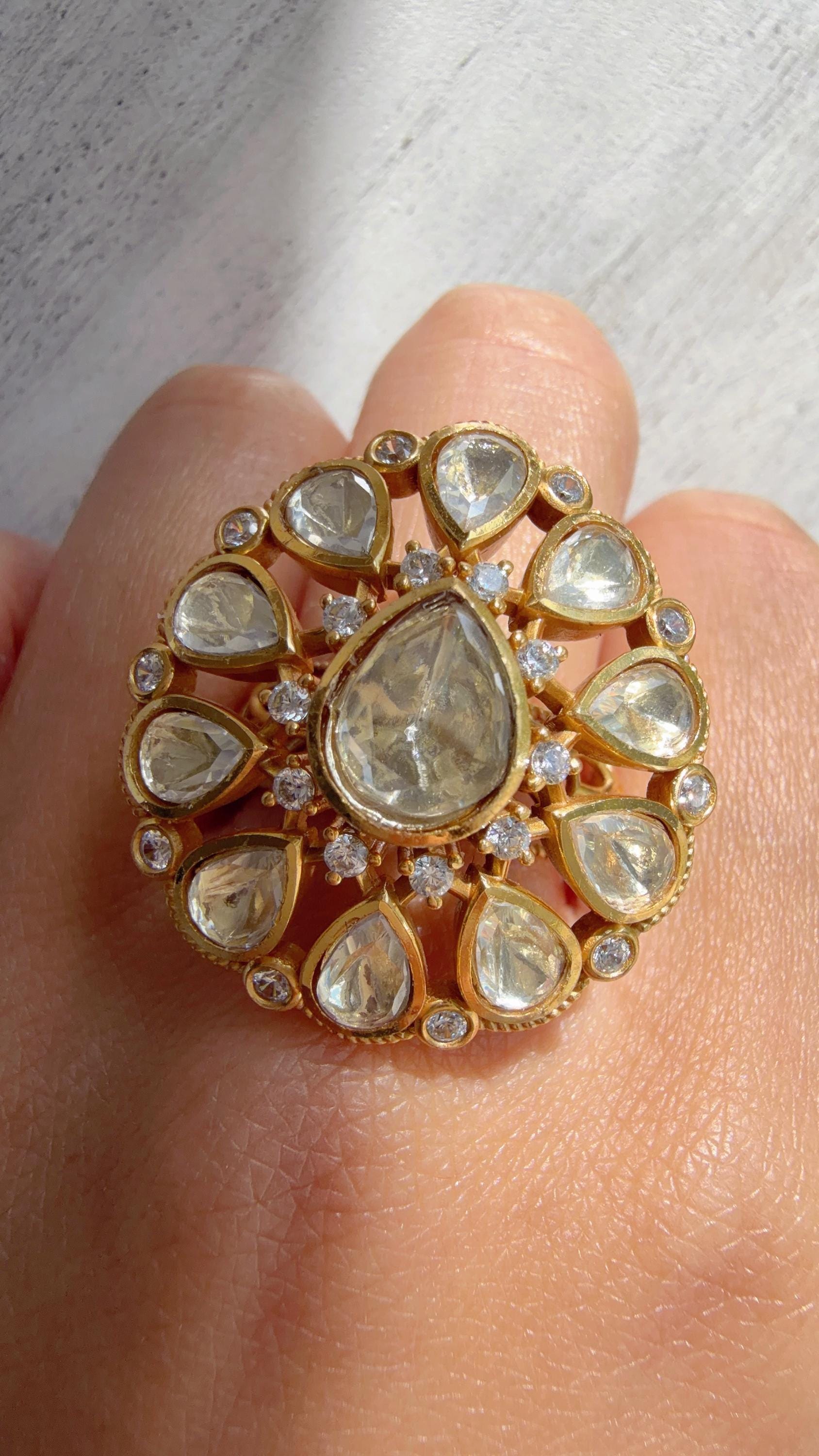 Gold kundan Statement ring/Bridal Kundan Moissanite diamond Ring/Adjustable Ring/Indian Wedding jewelry/