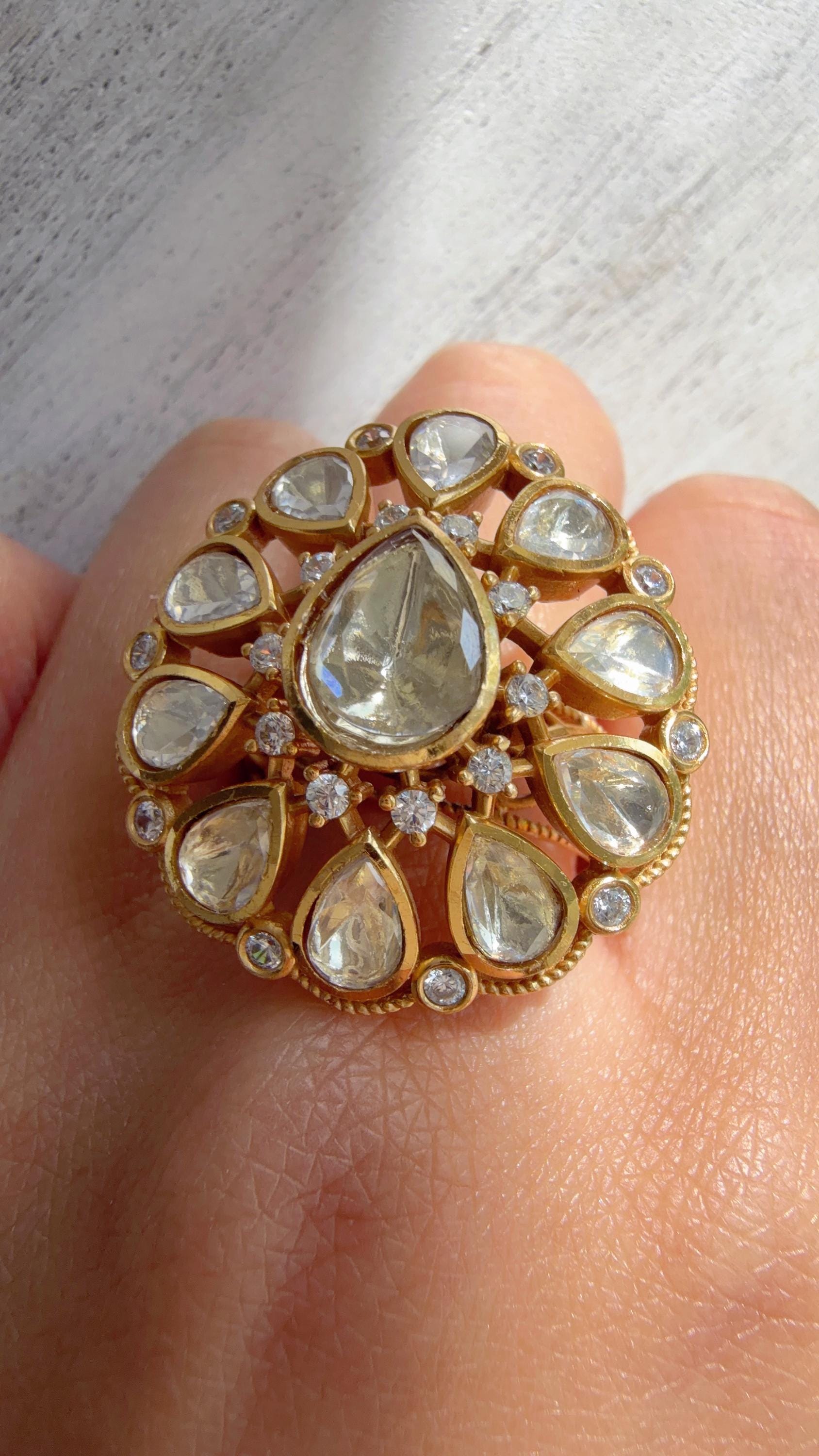 Gold kundan Statement ring/Bridal Kundan Moissanite diamond Ring/Adjustable Ring/Indian Wedding jewelry/
