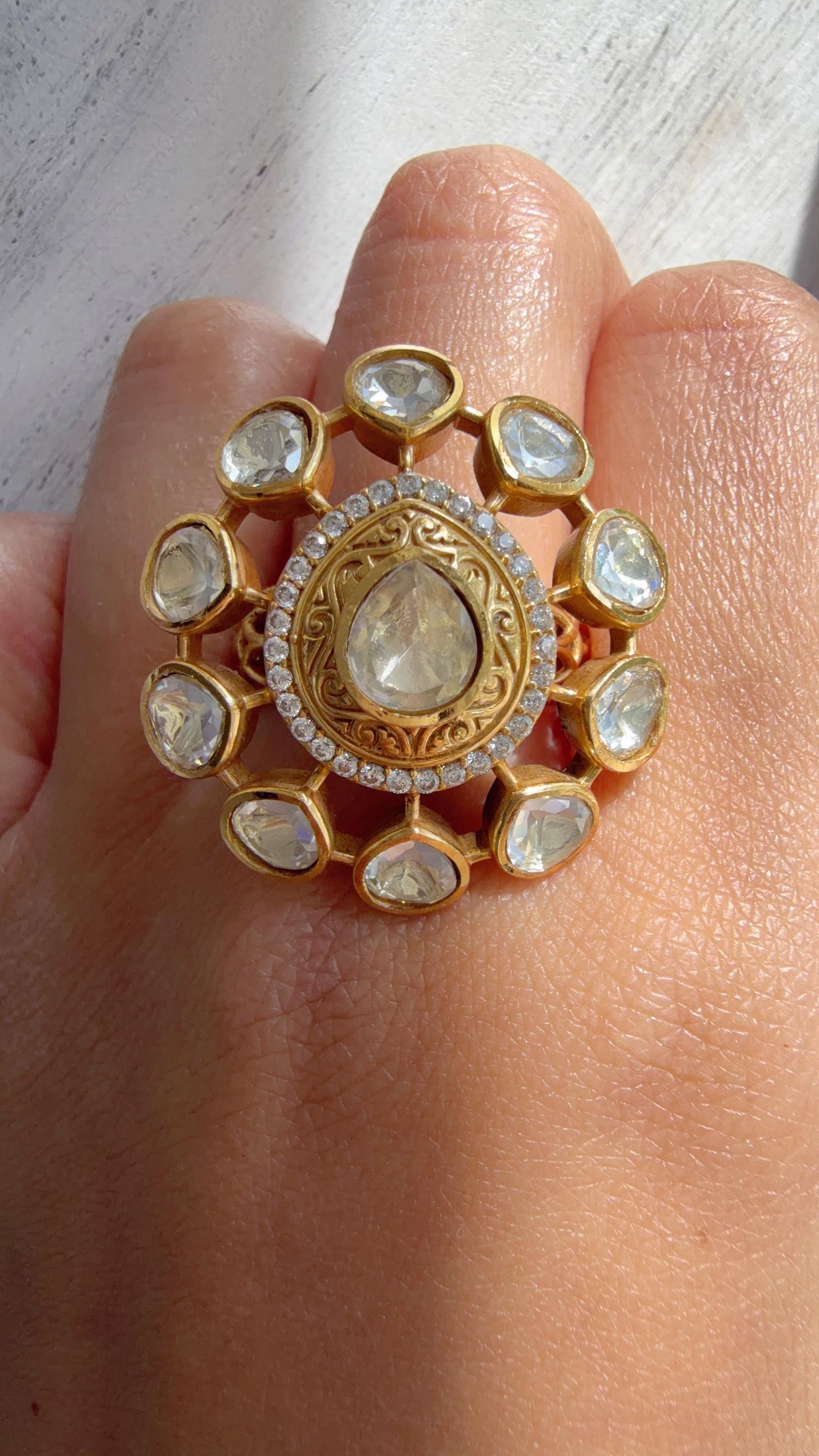 Gold Meenakari work Statement ring/Bridal Kundan Moissanite diamond Ring/Adjustable Ring/Indian Wedding jewelry/