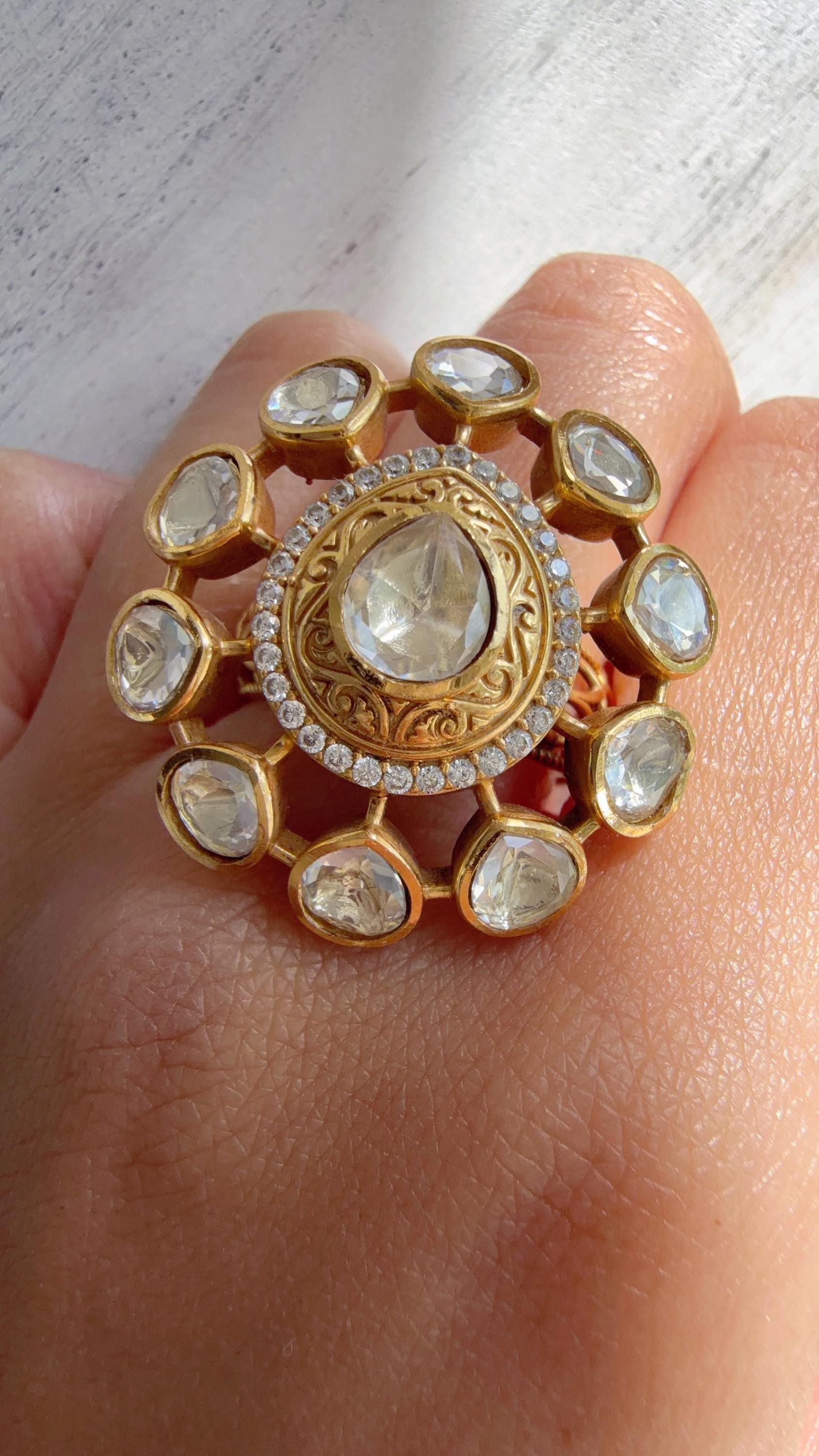 Gold Meenakari work Statement ring/Bridal Kundan Moissanite diamond Ring/Adjustable Ring/Indian Wedding jewelry/