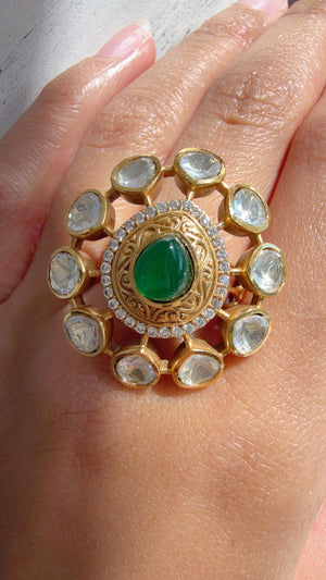 Green Meenakari work Statement ring/Bridal Kundan Moissanite diamond Ring/Adjustable Ring/Indian Wedding jewelry/