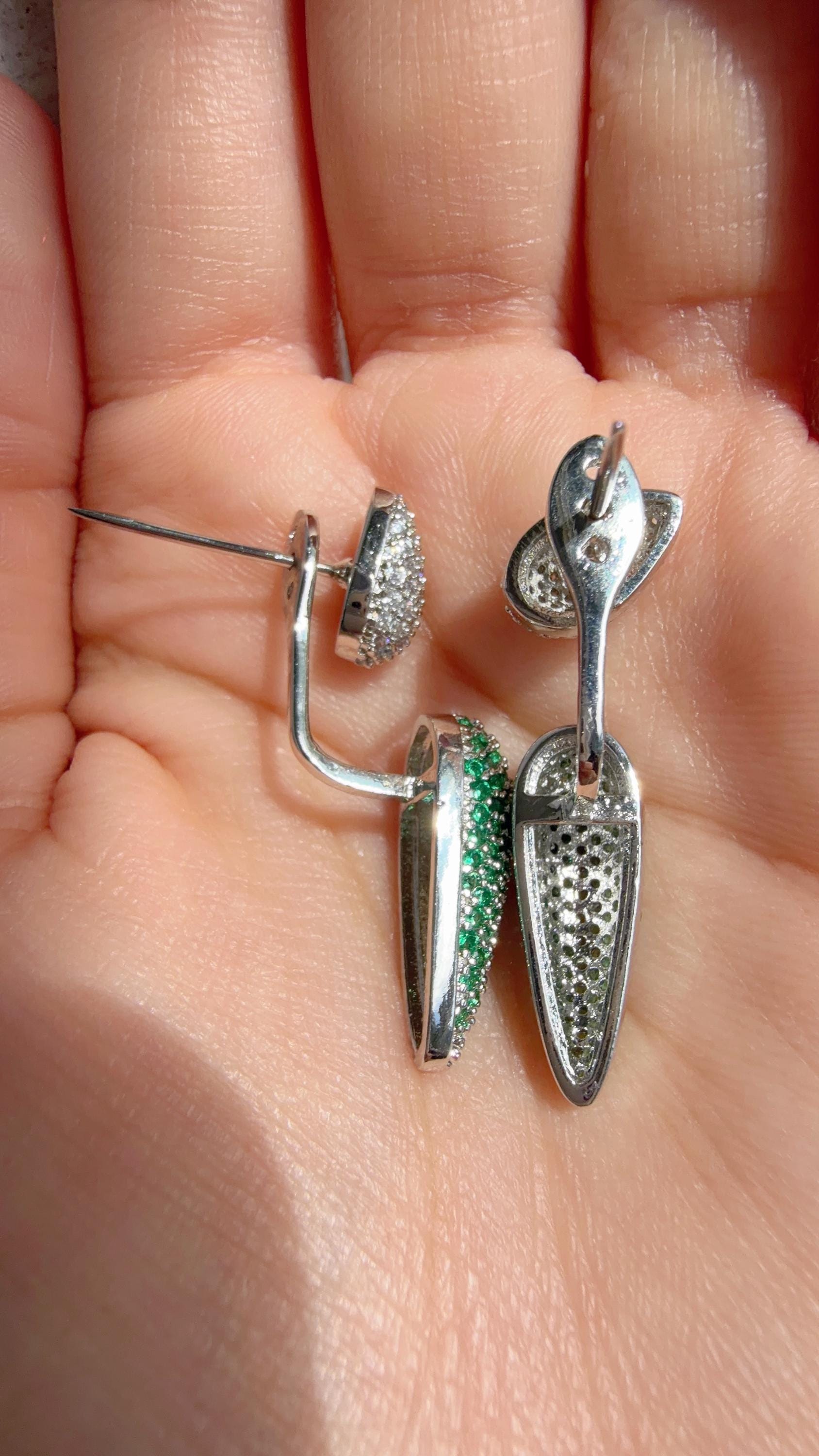 Silver Green Diamond Ear Jacket Earrings/ Back Crystal Stud Earrings/Indian Earring Set/Bridal Jewelry Gift For Her
