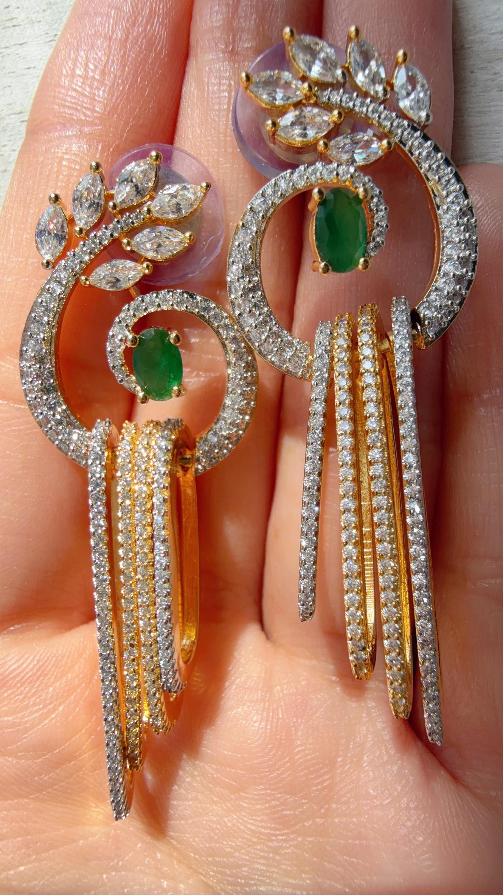 Dangly diamond green earrings/Bridal earrings / Indian Wedding Danglers/Drop Dangle Earrings