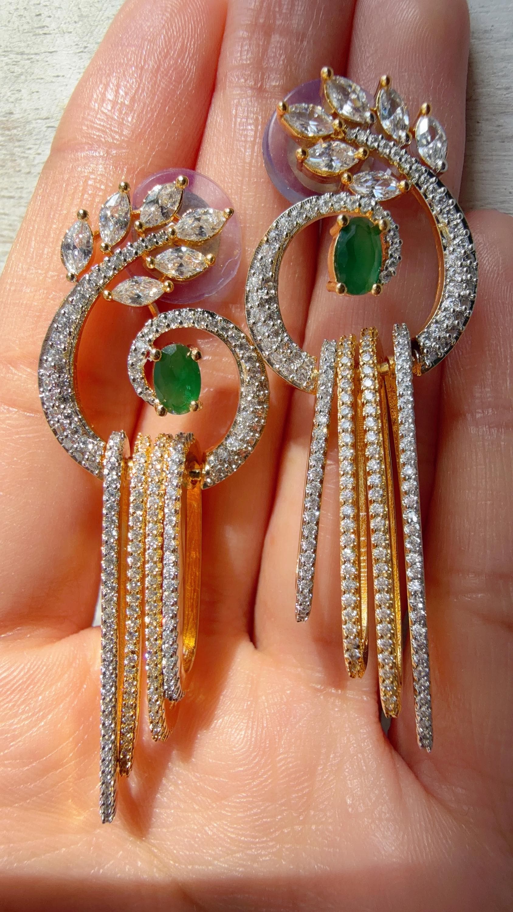 Dangly diamond green earrings/Bridal earrings / Indian Wedding Danglers/Drop Dangle Earrings