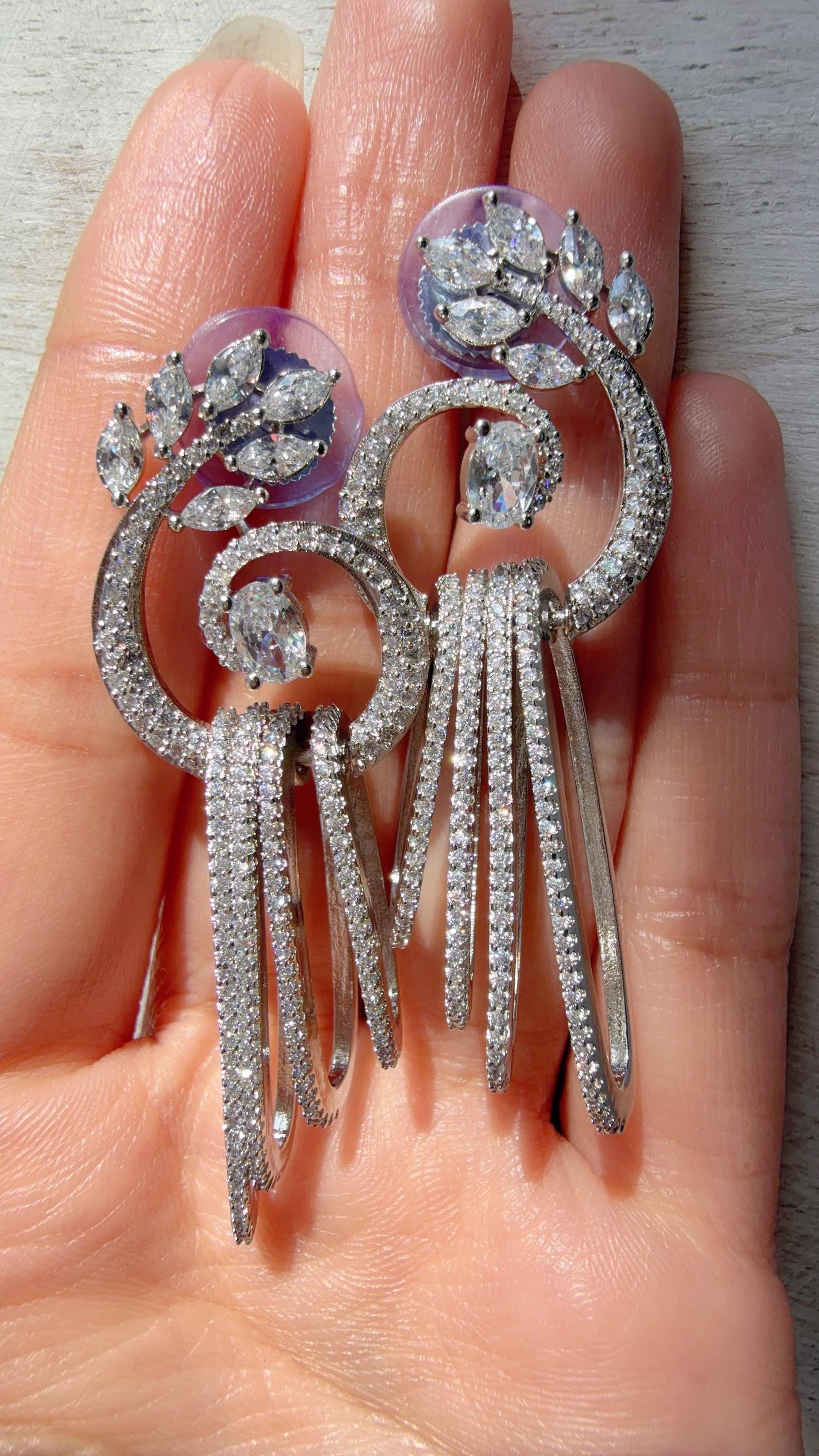 Dangly diamond Silver earrings/Bridal earrings / Indian Wedding Danglers/Drop Dangle Earrings