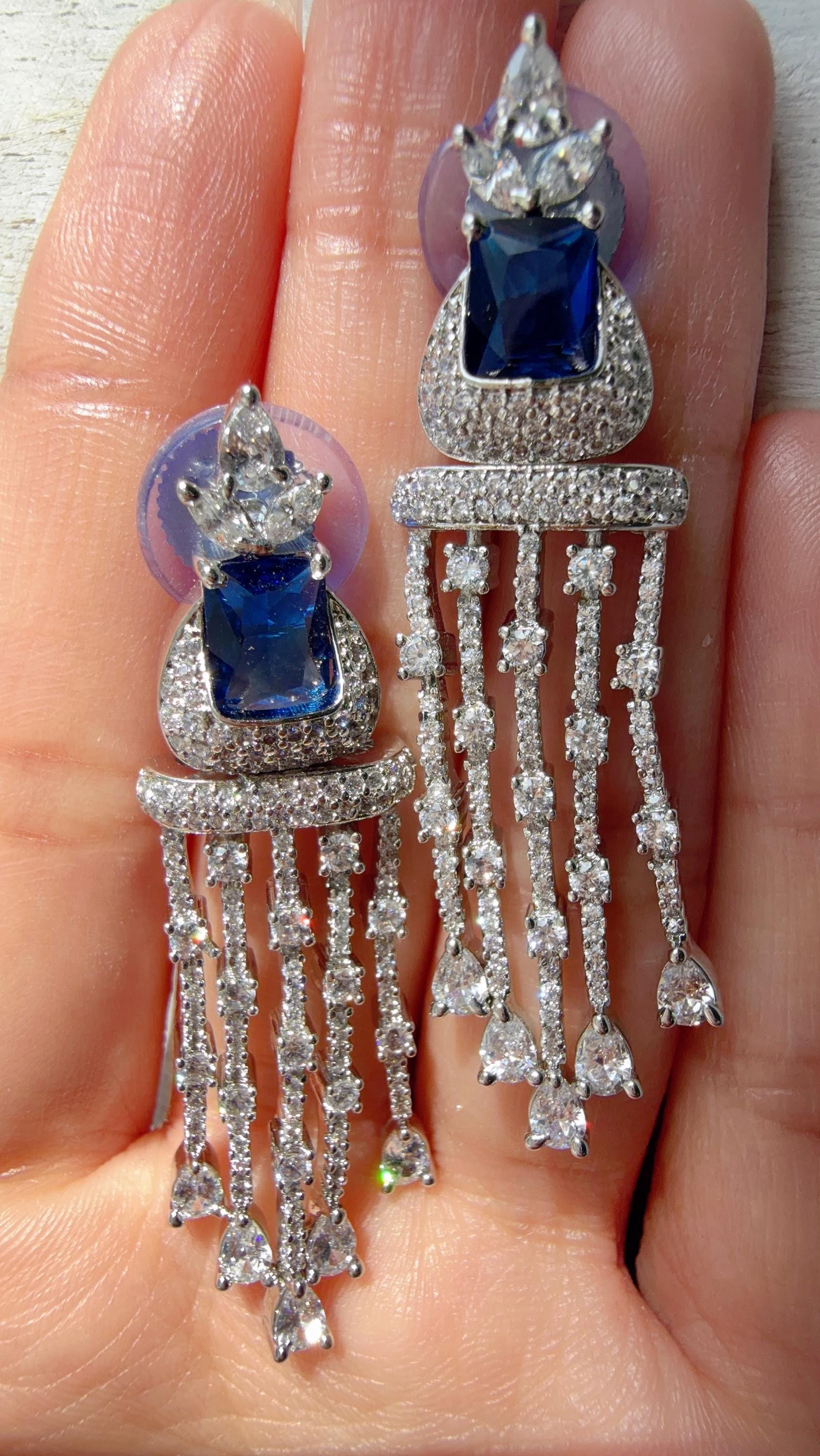 Crystal Tassel Statement Drop Blue Earrings/Bridal earrings / Indian Wedding Danglers/Drop Dangle Earrings