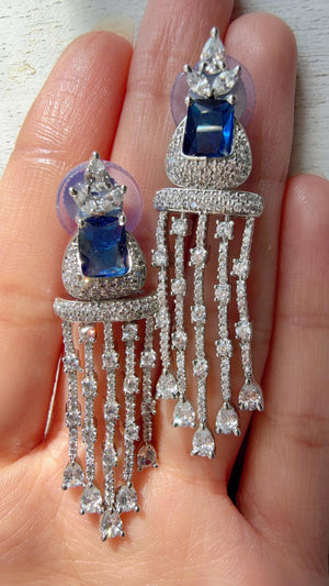Crystal Tassel Statement Drop Blue Earrings/Bridal earrings / Indian Wedding Danglers/Drop Dangle Earrings